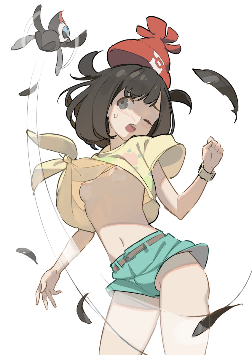 blush breasts hks_(timbougami) nipples open_mouth pokemon pokemon_sm remake selene_(pokemon) wind