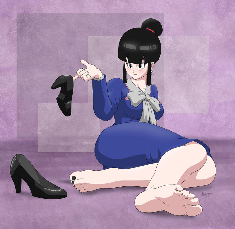 2d barefoot black_toenail_polish black_toenails chichi chichi_(beginning_of_z) dragon_ball dragon_ball_z dress einom feet female foot_fetish foot_focus full_color fully_clothed light-skinned_female light_skin milf no_penetration solo solo_female