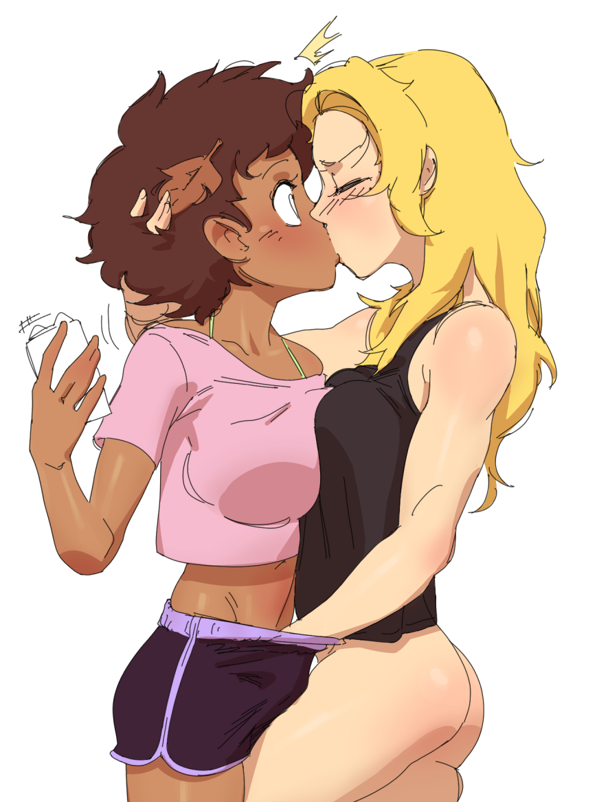 2girls amphibia anne_boonchuy ass athos_(artist) big_breasts black_shorts blonde_hair bottomless breasts clothed_female clothing dark-skinned_female dark_skin exposed_ass female_only fingering implied_fingering implied_masturbation implied_penetration interracial kissing lesbian_kiss lesbian_sex long_hair making_out masturbation mr._bingle multiple_girls negao pants_removed sasha_waybright shorts straight_hair surprised yuri