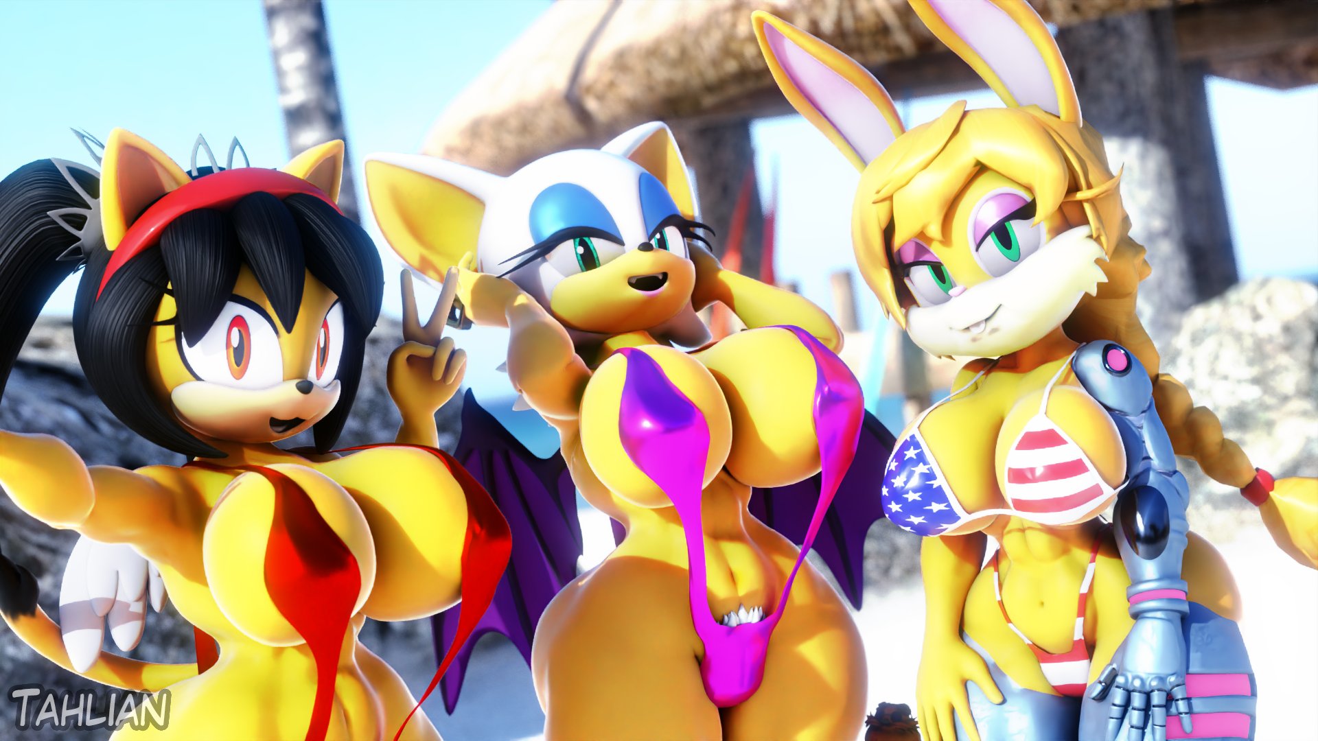 3d, 3d model, 3girls, american flag bikini, anthro, arms up, bat, big breasts, bikini, black hair, blonde hair, blue eyes, breasts, bunnie rabbot, chiropteran, clothing, feline, female, female only, green eyes, hairband, honey the cat, huge breasts, kabalmystic (style), lagomorph, looking at viewer, mechanical, mechanical arm, mechanical legs, mobian, mobian (species), mobian bat, orange eyes, rabbit, rouge the bat, sega, selfie, sling bikini, smile, sonic (series), sonic adventure 2, sonic the hedgehog (series), source filmmaker, swimsuit, tahlian, thick thighs, v sign, wide hips