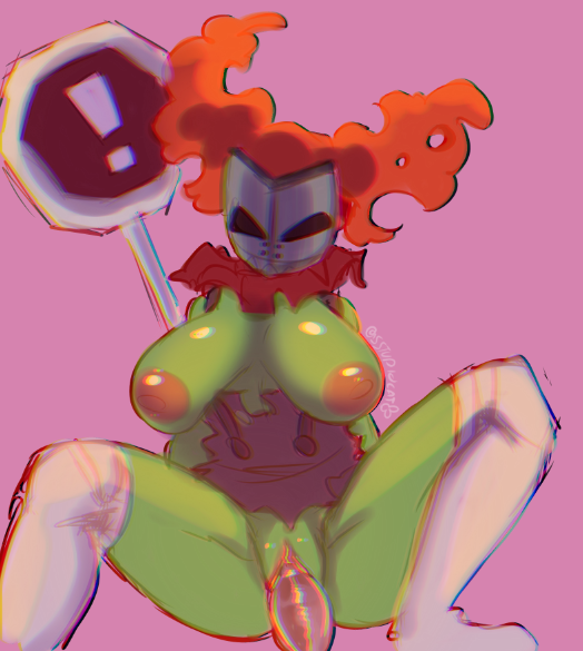 breasts clown clussy curly_hair female green_body green_skin long_hair madness_combat mask nightmare_waifu penetration penis pussy red_hair rule_63 sex socks sstupidcat stop_sign tricky_the_clown vaginal watermark