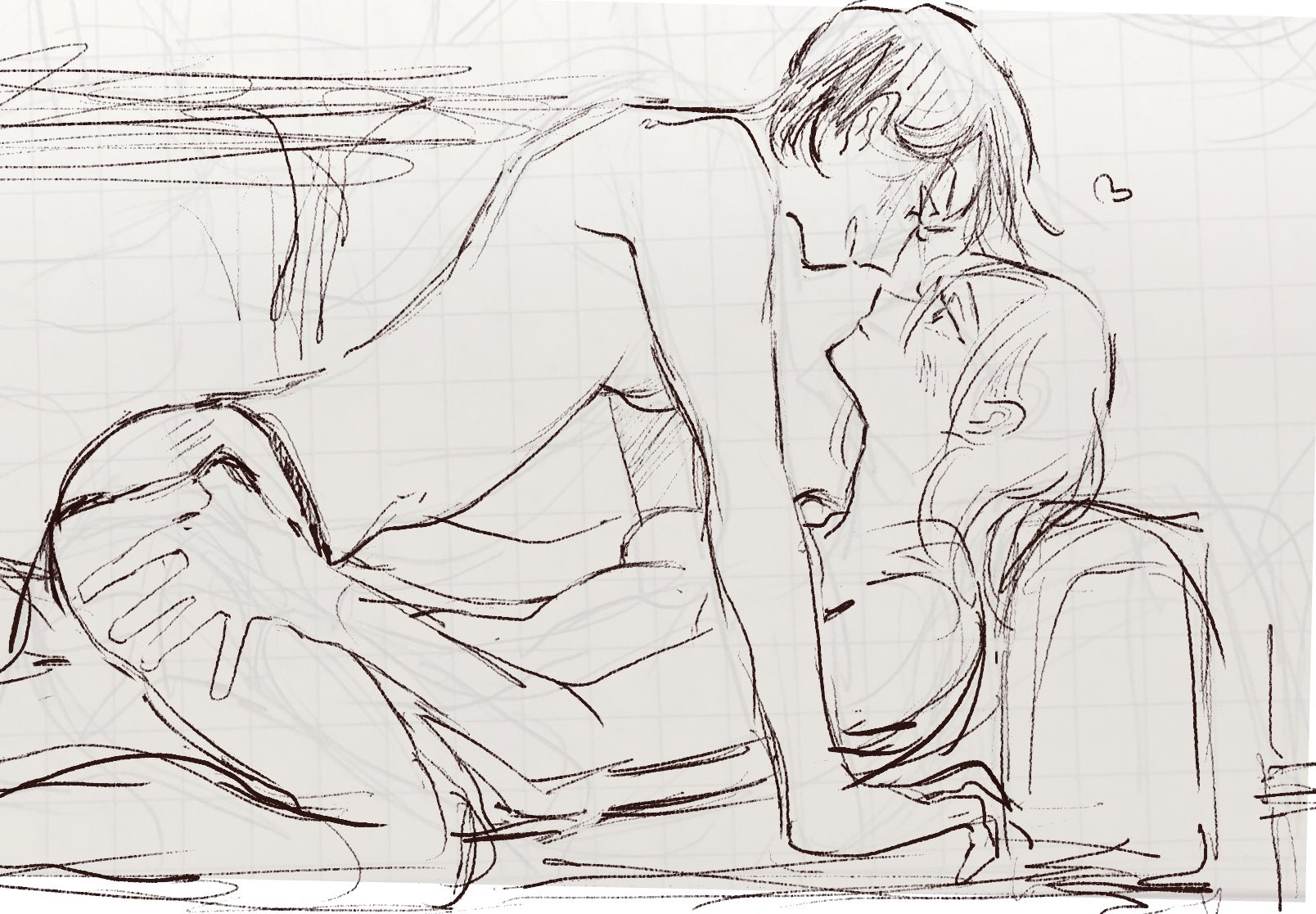 2girls, attack on titan, black hair, blonde hair, blush, christa lenz, fall 02, female, hand on another's hip, heart, historia reiss, imminent sex, intimate, romantic, romantic couple, shingeki no kyojin, sketch, topless, topless female, wholesome, ymir (shingeki no kyojin), yuri
