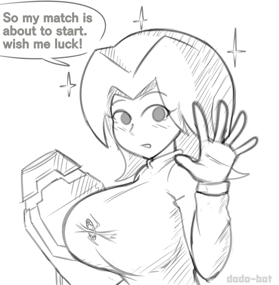 1girls, aftermath, alternate breast size, blush, breasts, dodo-bot, english text, female, gloves, huge breasts, long sleeves, mii, mii gunner, mii gunner (smash 4), mob face, nintendo, parted hair, safety pin, sparkles, speech bubble, super smash bros., super smash bros. for nintendo 3ds and wii u, super smash bros. ultimate, sweatdrop, torn clothes, waving