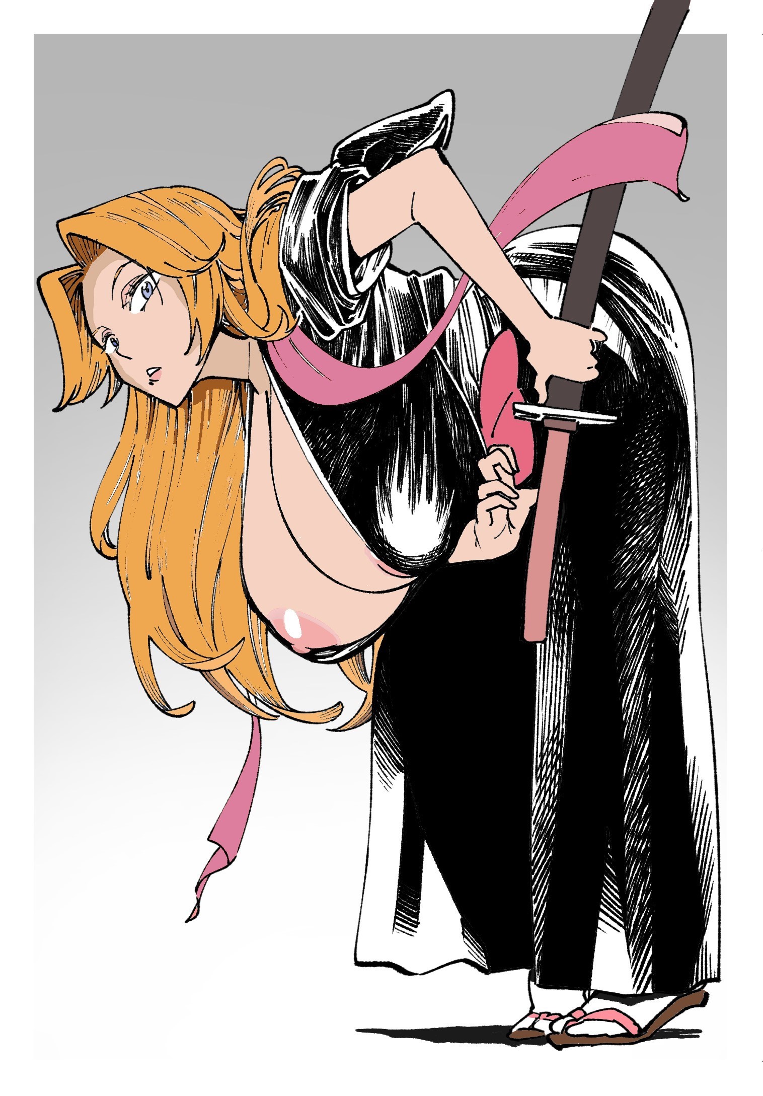 ass, ass up, bent over, big breasts, bleach, breasts, busty, curvy, edit, erect nipples, female, female only, flat belly, hanging breasts, hourglass figure, iwao178, kimono, large breasts, leaning forward, matsumoto rangiku, nipple slip, nipples, side view, solo, squatting, thick ass, thick thighs, voluptuous