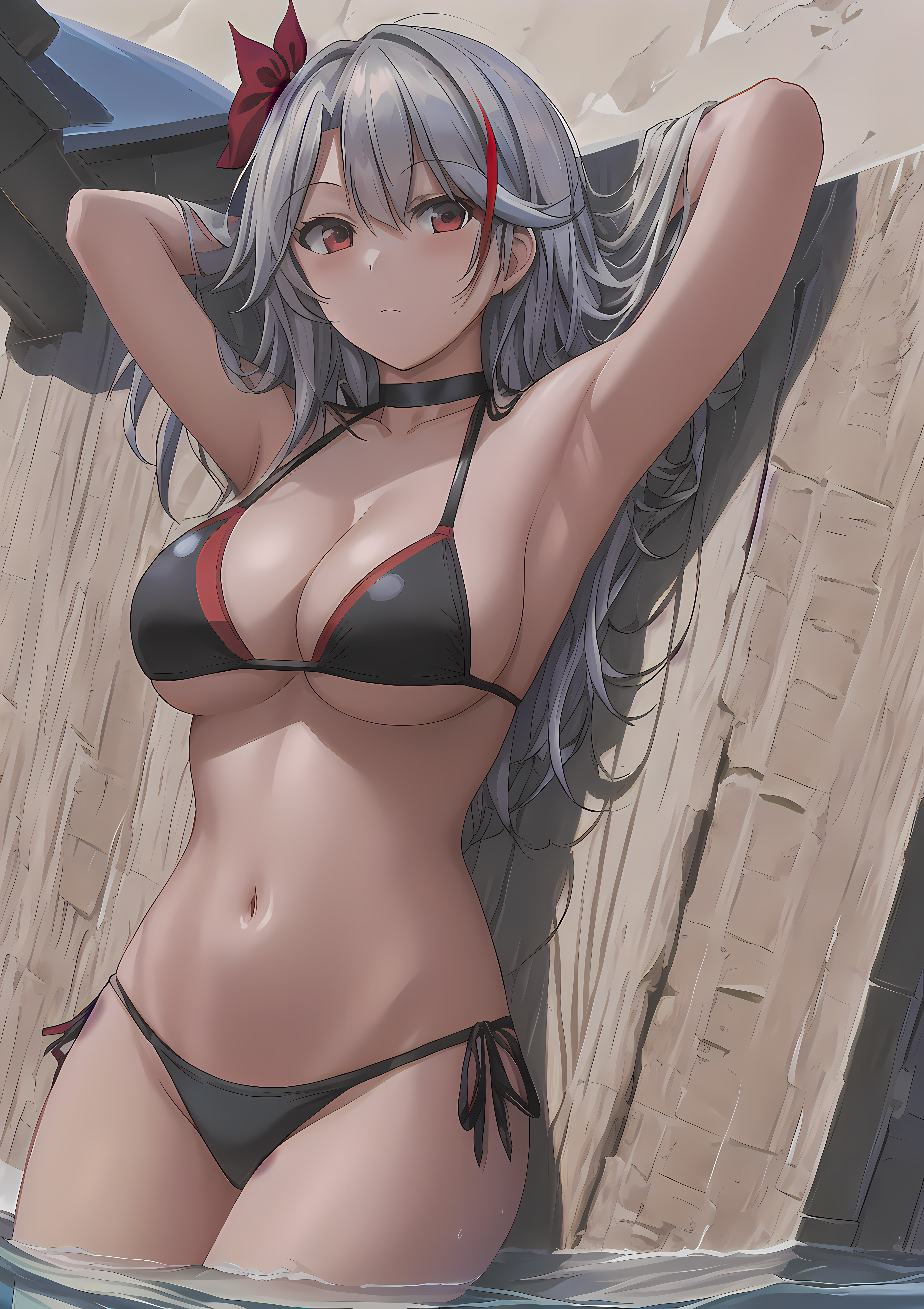 1girls, ai generated, armpits, arms behind head, artist request, azur lane, big breasts, bikini, black bikini, breasts, busty, cleavage, female, female only, grey hair, large breasts, legs, long hair, looking at viewer, prinz eugen (azur lane), red eyes, sensual, sexy armpits, solo, thighs, voluptuous, water