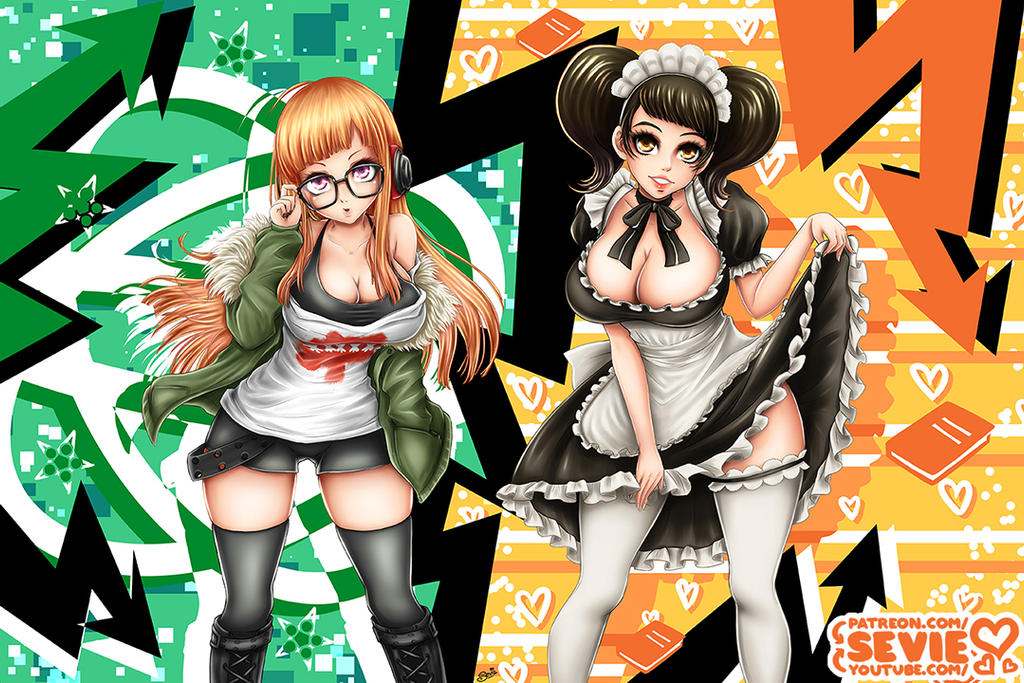 2girls atlus becky_(persona) big_breasts black_hair breasts cleavage detailed_background dress duo female female_focus female_only glasses large_breasts maid maid_uniform megami_tensei orange_hair persona persona_5 sadayo_kawakami sakura_futaba sevie thighhighs thighs