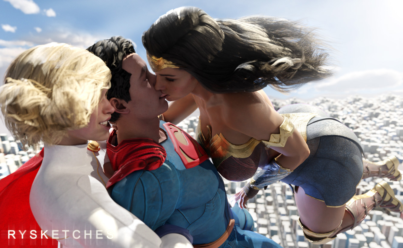 1boy, 2girls, 3d, 3d (artwork), athletic, athletic female, big breasts, blender, blender (software), blonde hair, blue eyes, bob cut, breasts, busty, clark kent, couple, cousins, curvy, dc, dc comics, diana prince, enjoying, female, hourglass figure, huge breasts, human, incest, injustice 2, kal-el, kara zor-l, karen starr, large breasts, looking pleasured, male, medium hair, multiple females, multiple girls, netherrealm studios, nude, olive skin, pleasure face, power girl, power girl (injustice), romantic, romantic couple, rysketches, seductive, seductive look, sensual, story, sucking, superman, superman (clark kent), superman (series), teamwork, thick, threesome, wide hips, wonder woman, wonder woman (injustice), wonder woman (series)