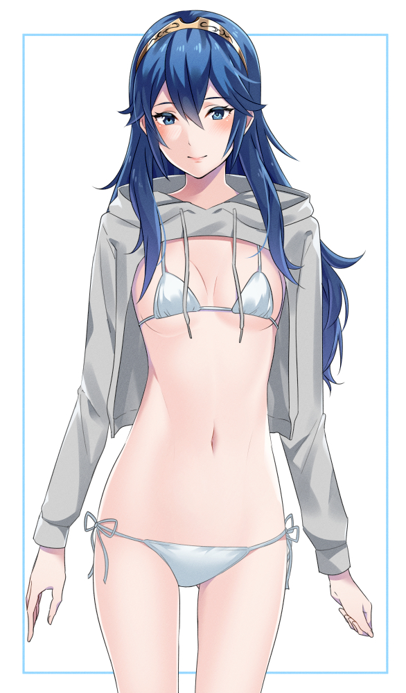 1girls, alternate costume, ameno (a meno0), bikini, blue eyes, blue hair, blush, breasts, female, female only, fire emblem, fire emblem awakening, hair between eyes, hood, hoodie, long hair, looking at viewer, lucina (fire emblem), navel, shrug (clothing), sideboob, simple background, small breasts, smile, solo, swimsuit, symbol-shaped pupils, tiara, underboob, white bikini, white swimsuit