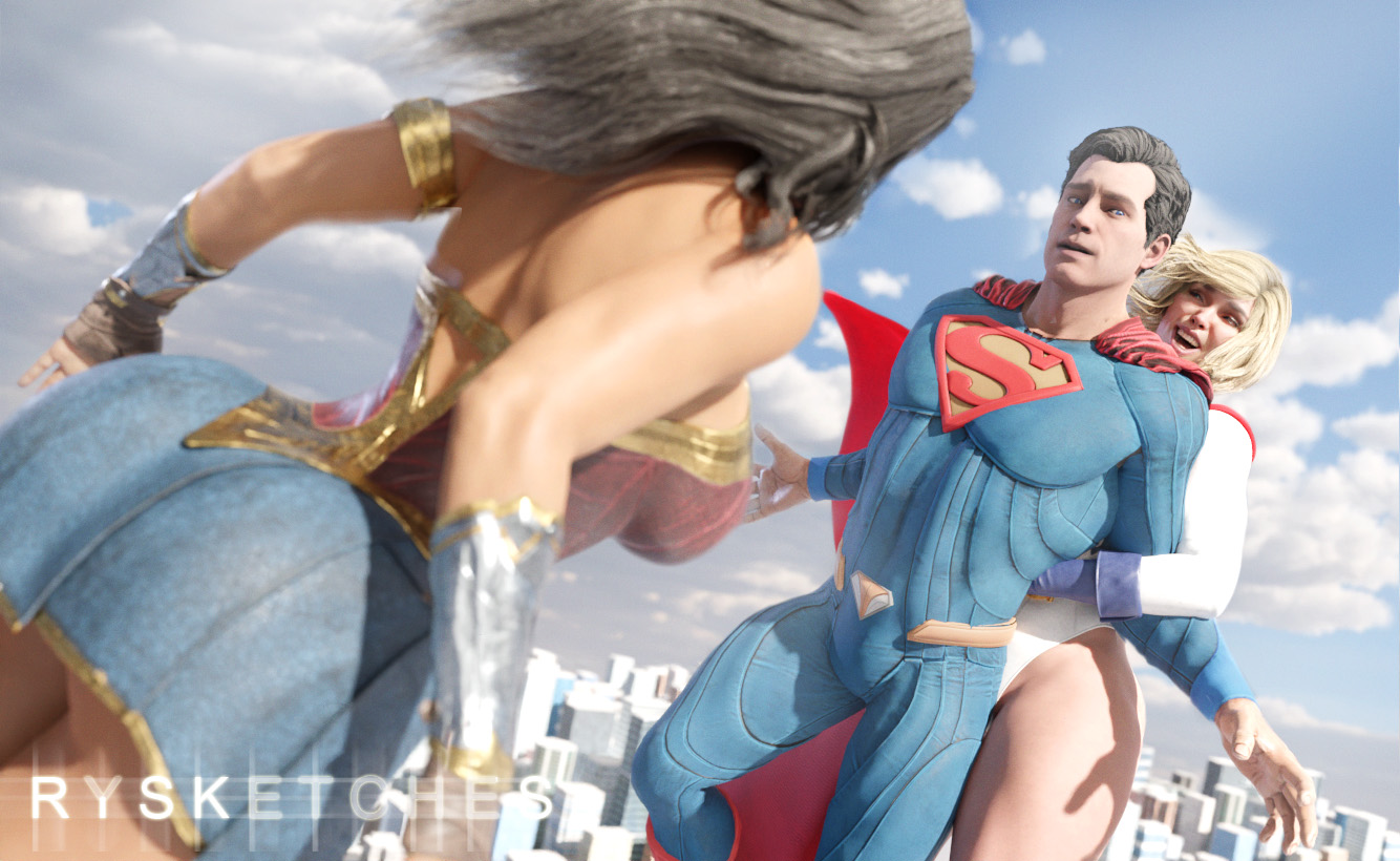 1boy, 2girls, 3d, 3d (artwork), athletic, athletic female, big breasts, blender, blender (software), blonde hair, blue eyes, bob cut, breasts, busty, clark kent, couple, cousins, curvy, dc, dc comics, diana prince, enjoying, female, hourglass figure, huge breasts, human, incest, injustice 2, kal-el, kara zor-l, karen starr, large breasts, looking pleasured, male, medium hair, multiple females, multiple girls, netherrealm studios, nude, olive skin, pleasure face, power girl, power girl (injustice), romantic, romantic couple, rysketches, seductive, seductive look, sensual, story, sucking, superman, superman (clark kent), superman (series), teamwork, thick, threesome, wide hips, wonder woman, wonder woman (injustice), wonder woman (series)