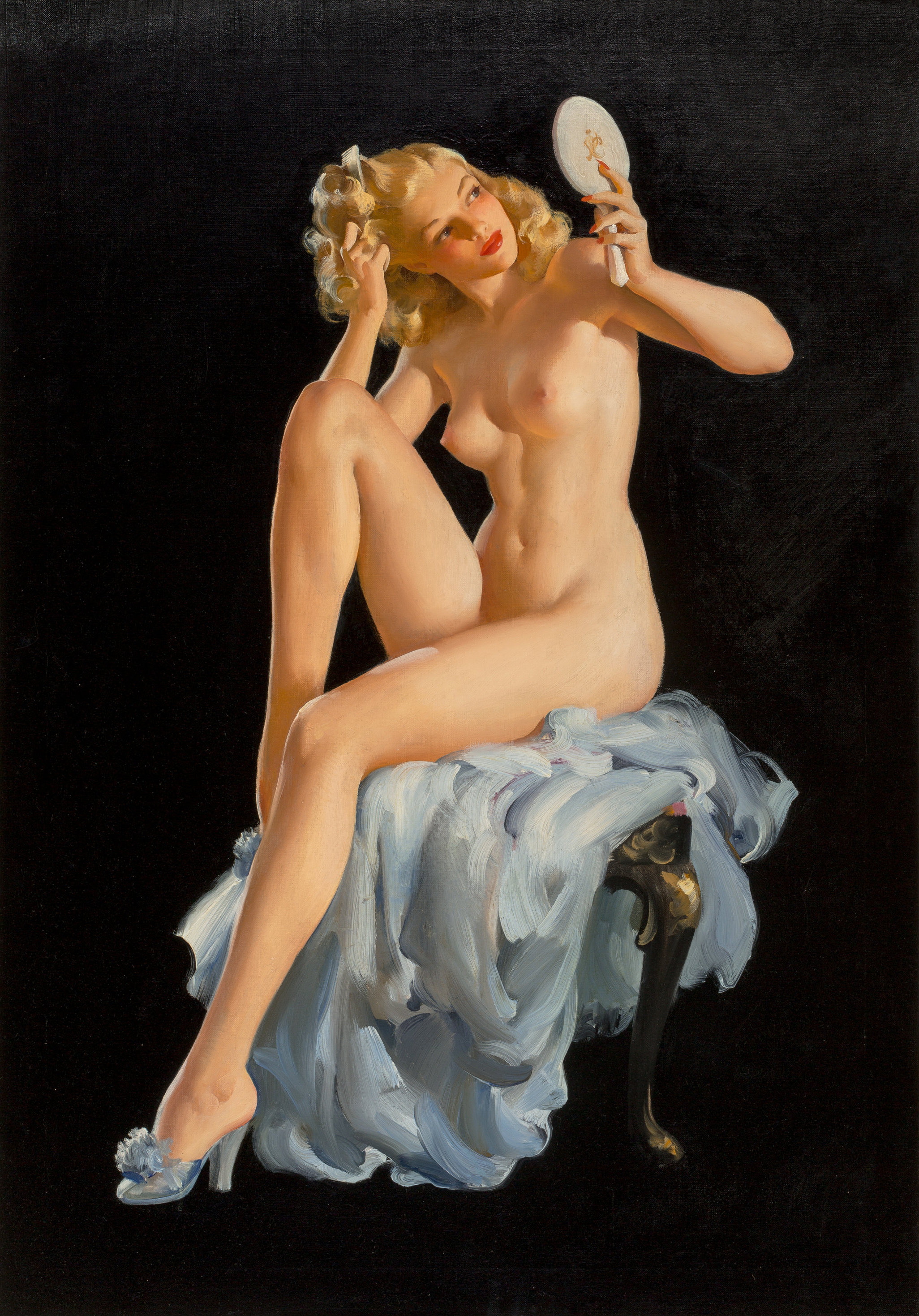 1girls, 20th century, areolae, blonde, blonde female, blonde hair, breasts, female, female only, haddon sundblom, high heels, human, human only, leg up, light skin, light-skinned female, lipstick, looking at mirror, mirror, naked footwear, naked heels, nipples, nude, nude female, original, painting (artwork), pinup, pinup girl, sitting, solo, solo female, straight hair, traditional media (artwork), vintage