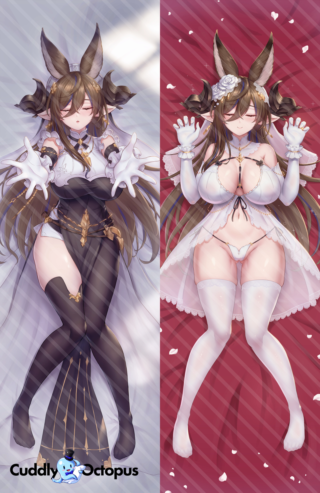 alternate costume, animal ears, ass visible through thighs, asymmetrical legwear, bare shoulders, between breasts, black dress, black legwear, breasts, bridal veil, bride, brown hair, center opening, cleavage, closed eyes, closed mouth, cuddly octopus, curled eyes, curled fingers, curled horns, curled mouth, dakimakura (medium), dress, earrings, elbow gloves, eyebrows visible through hair, facing viewer, feet, female, flower, front-tie top, full body, galleon (granblue fantasy), gloves, gold trim, gown, granblue fantasy, hair between eyes, hair flower, hair ornament, hands up, highleg, highleg panties, horns, jewelry, knees together feet apart, large breasts, long hair, mingke, multi ear, multicolored hair, navel, outstretched arms, panties, parted lips, pointy ears, revealing clothes, smile, solo, string panties, thighhighs, thighs, underwear, uneven legwear, veil, white gloves, white legwear, white panties