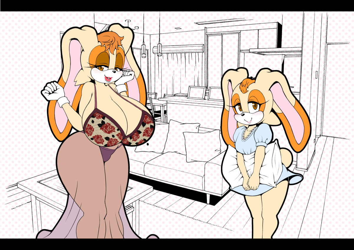 2girls, anthro, big breasts, blush, blushing, breasts, cream the rabbit, daughter, female, furry, lipstick, michiyoshi, milf, mother, mother and child, mother and daughter, rabbit, rabbit ears, rabbit humanoid, sega, sonic (series), sonic the hedgehog (series), vanilla the rabbit