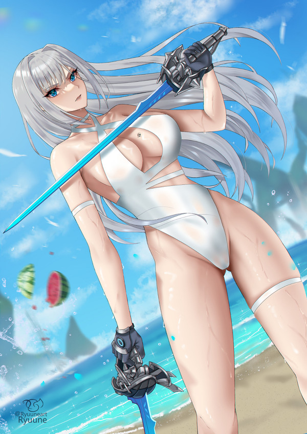 1girls beach blue_eyes cleavage cleavage_cutout dual_wielding ethel_(xenoblade) gloves grey_hair heroes_(xenoblade_3) lowres nintendo one-piece_swimsuit ryuuneart silver_hair solo solo_female standing summer swimsuit sword tattoo water watermelon xenoblade_(series) xenoblade_chronicles_3