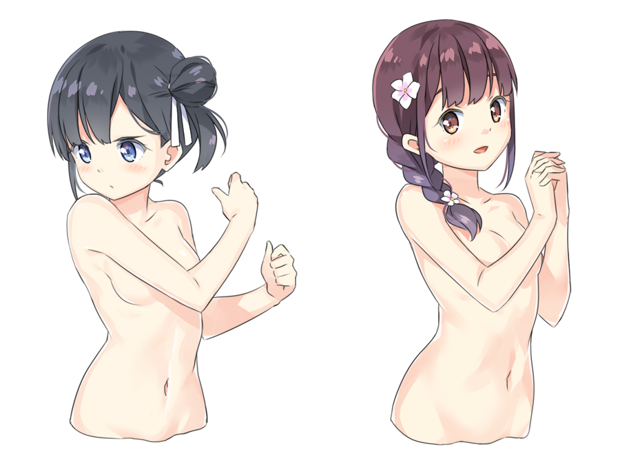 2girls bangs black_hair blue_eyes blush braid breasts brown_eyes brown_hair closed_mouth collarbone commentary_request convenient_arm cropped_torso eyebrows_behind_hair female flower hair_bun hair_flower hair_ornament hair_over_shoulder hands_up hatsunatsu interlocked_fingers looking_at_viewer multiple_girls navel nude original parted_lips partial_commentary simple_background single_braid single_hair_bun single_side_bun small_breasts smile upper_body white_background white_flower