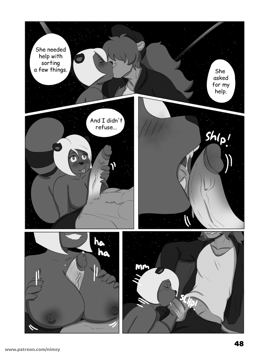 anthro big_breasts breast_play breasts comic english_text felid fellatio female genitals hi_res licking licking_penis male male/female mammal nimzy oral page_48 paizuri penile penis penis_lick procyonid raccoon sex titfuck titjob tongue tongue_out vein veiny_penis