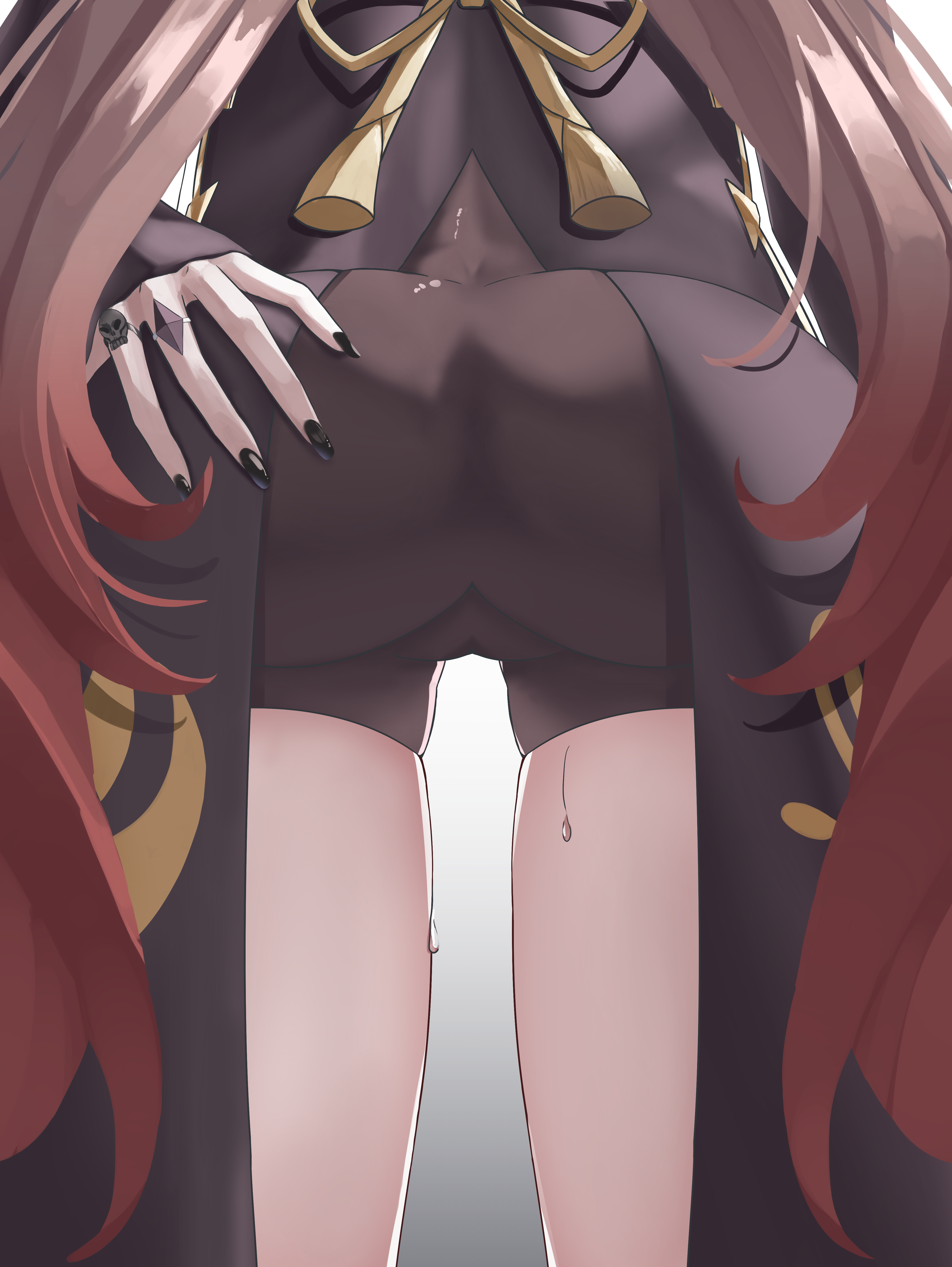 1girls, ass, ass focus, big ass, black nail polish, black nails, black shorts, bottomwear, brown hair, clothing, female, female focus, female only, fingers, from behind, genshin impact, hand on ass, hu tao (genshin impact), huge ass, jion, nails, ring, shorts, solo, solo female, sweat, sweatdrop, thick thighs, thighs, topwear, twintails