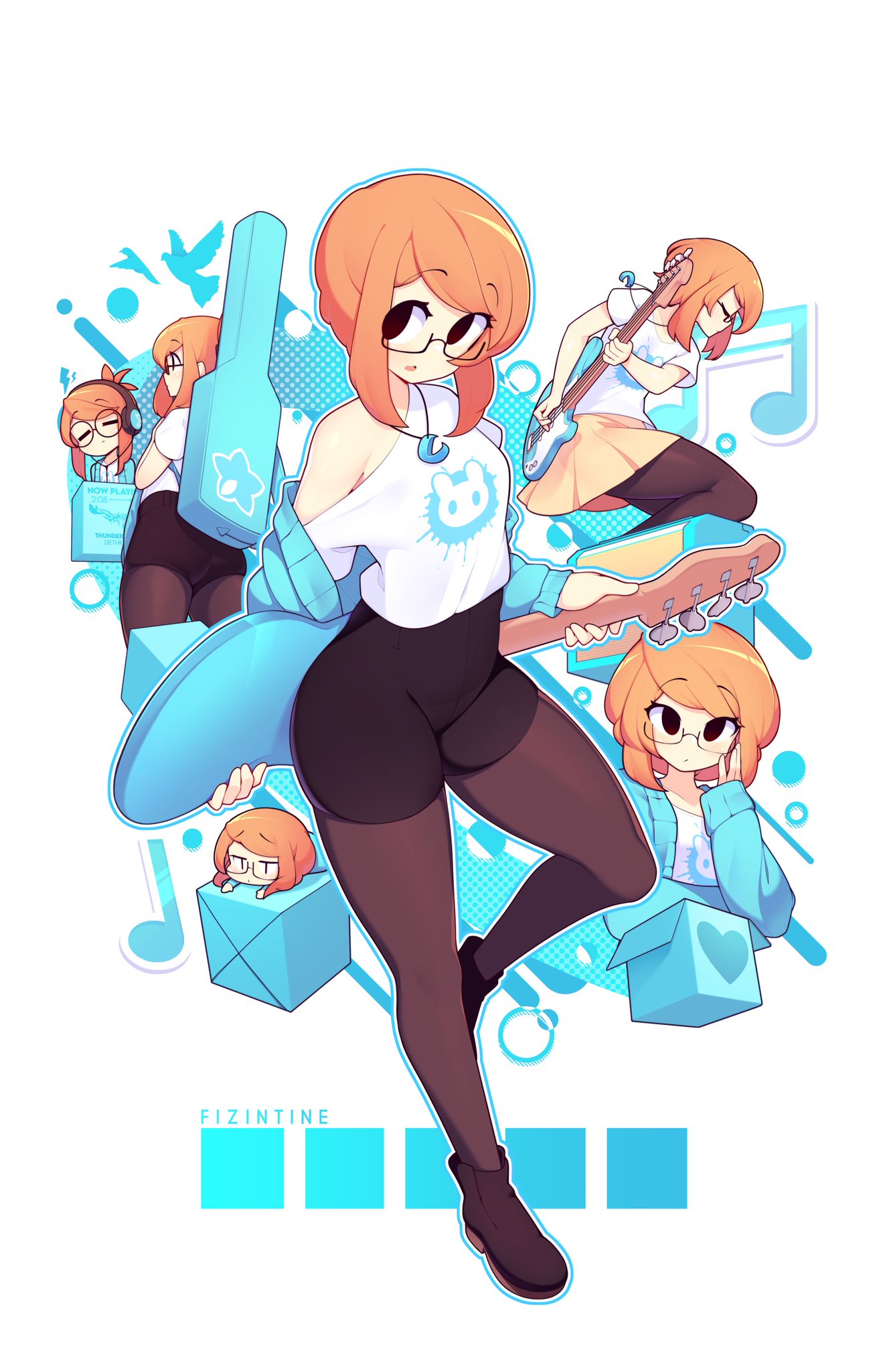 1girls adorable artist_name bass_guitar black_shoes black_shorts blue_background blue_hoodie cute cute_expression cute_eyes cutie_pie female female_only fizintine flat_chest flat_chested glasses guitar headphones luna_(fizintine) musician necklace orange_hair original pantyhose petite small_breasts tagme tank_top tights