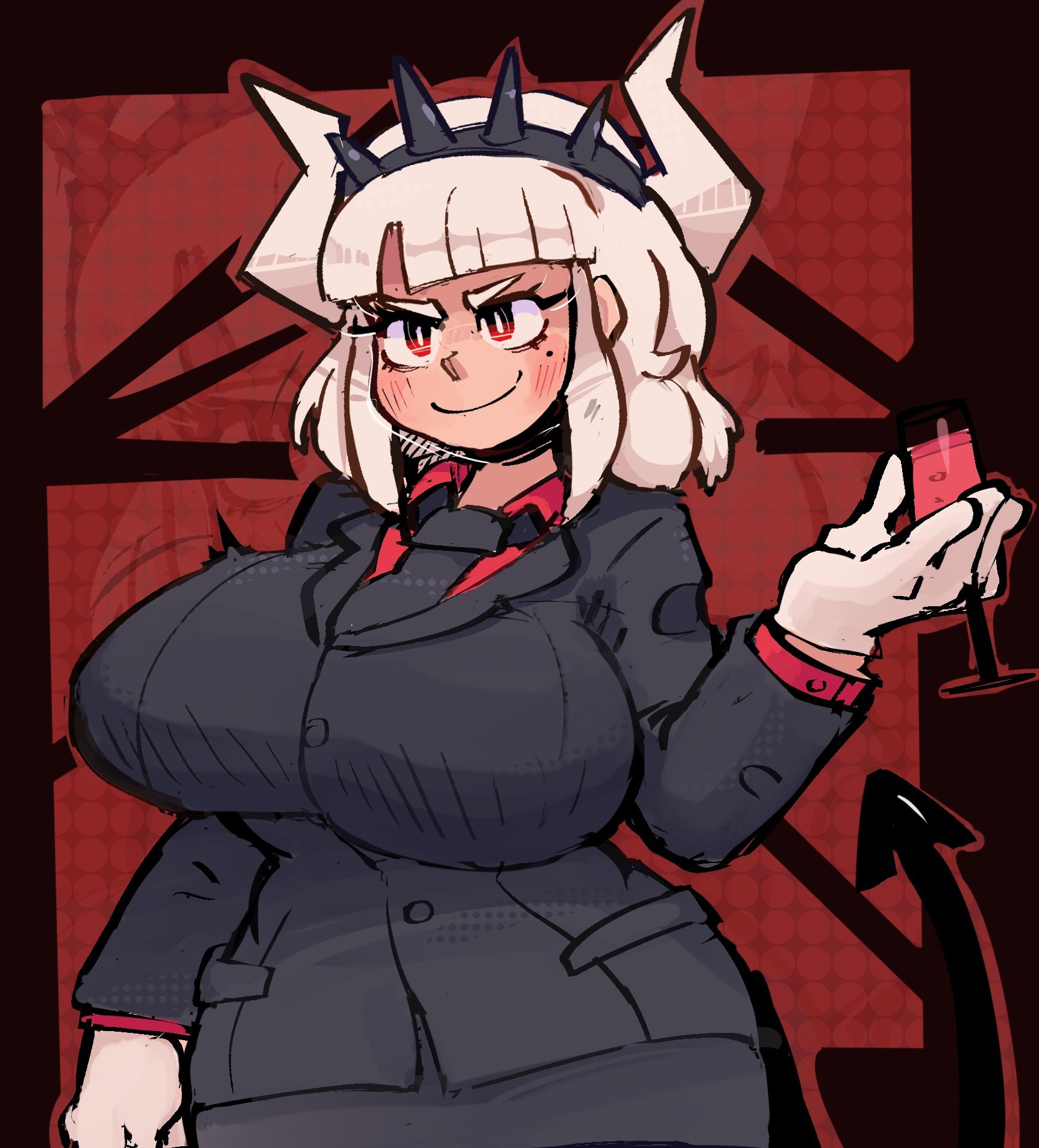 big breasts, black suit, breasts, business suit, female, fully clothed, helltaker, lucifer (helltaker), suit, tagme, viennais8