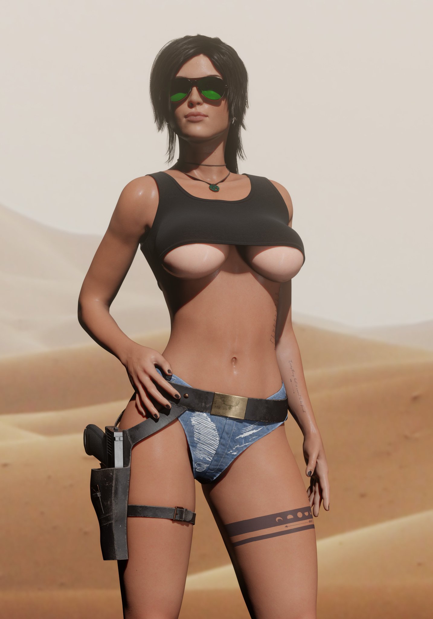 3d, aviator sunglasses, belt, benjibonjo, big breasts, breasts, brown hair, busty, crop top, eyewear, female, firearm, green-tinted eyewear, handgun, hourglass figure, human, lara croft, lara croft (survivor), legwear, long hair, sunglasses, tagme, tattoo, tinted eyewear, tomb raider, tomb raider (survivor), underboob, weapon, wide hips