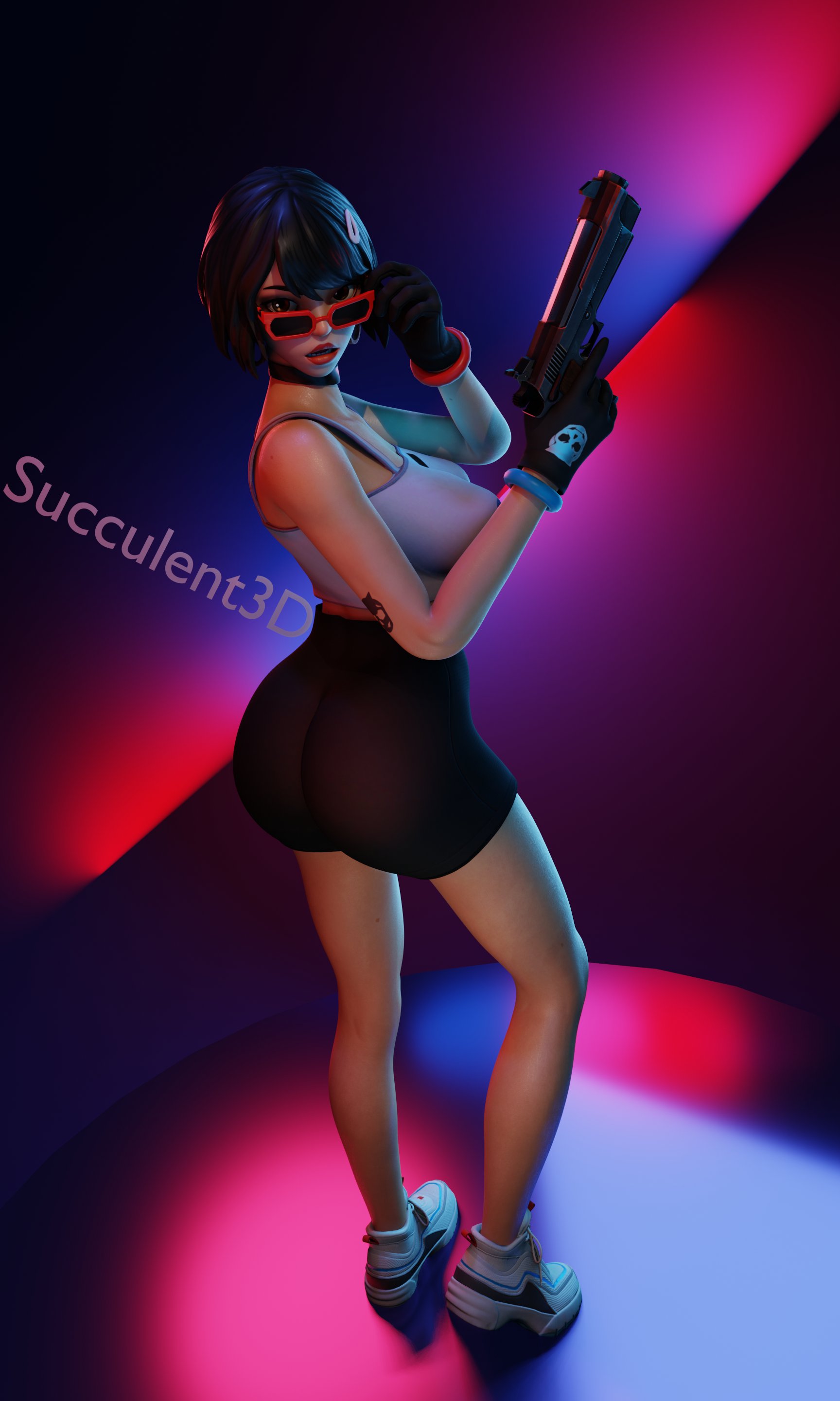 1girls, 3d, adjusting eyewear, adjusting glasses, adjusting sunglasses, ass, big ass, big breasts, black hair, blender, breasts, clothing, evie (fortnite), female, fortnite, fortnite: battle royale, glasses, holding glasses, holding gun, lipstick, looking at viewer, looking over eyewear, looking over glasses, looking over sunglasses, succulent3d, sunglasses, tinted eyewear