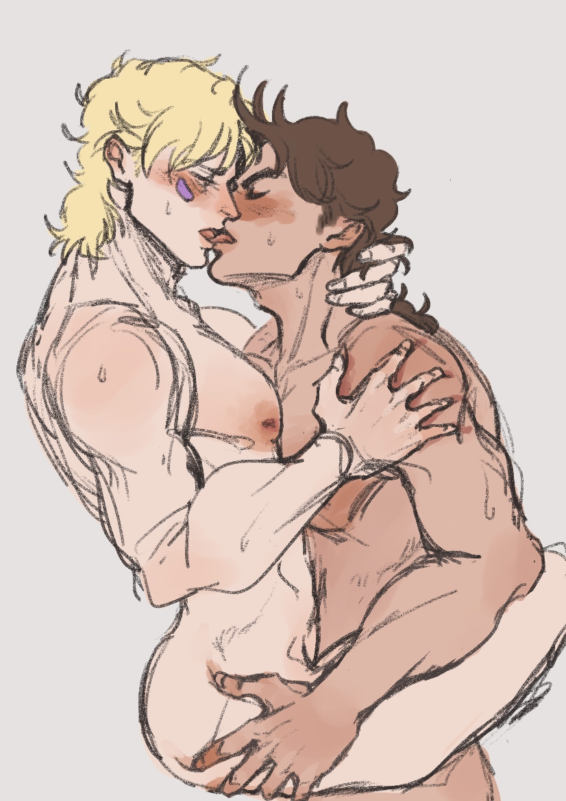 anal battle_tendency blonde_hair brown_hair caesar_zeppeli colored gay hand_around_neck hand_on_another's_shoulder jojo's_bizarre_adventure joseph_joestar kissing male male/male male_only muscular_male nude_male passionate penetration shaw stand_and_carry_position yaoi