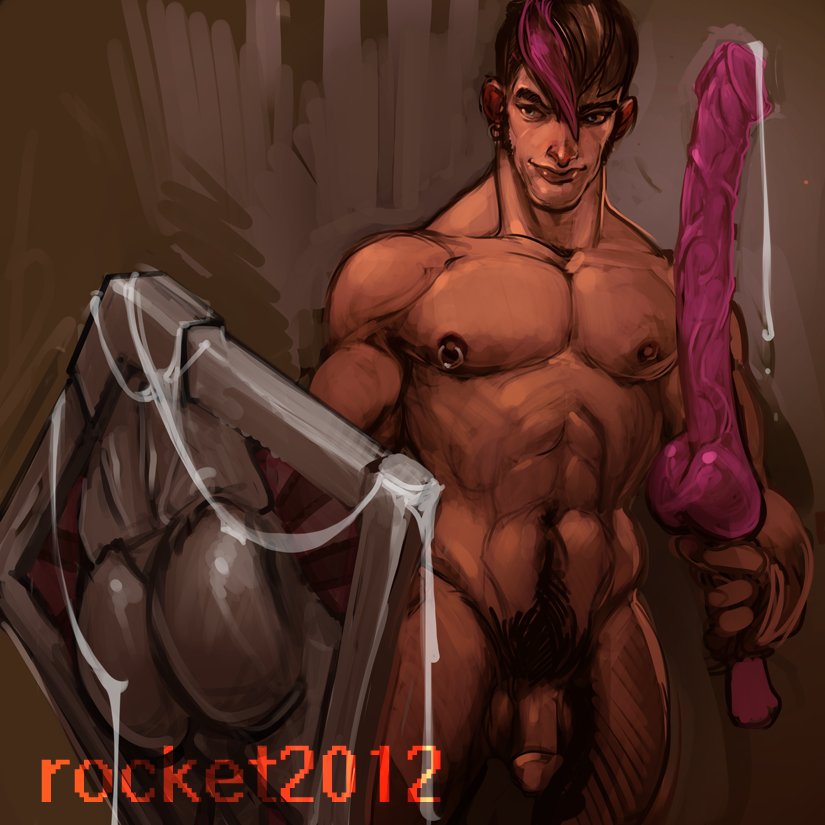 2012 art_of_rocket dildo flaccid flaccid_penis lube lube_on_dildo male_only muscles muscular muscular_male painting pierced_nipples piercings sex_toy twitter_user_oc unnamed_character