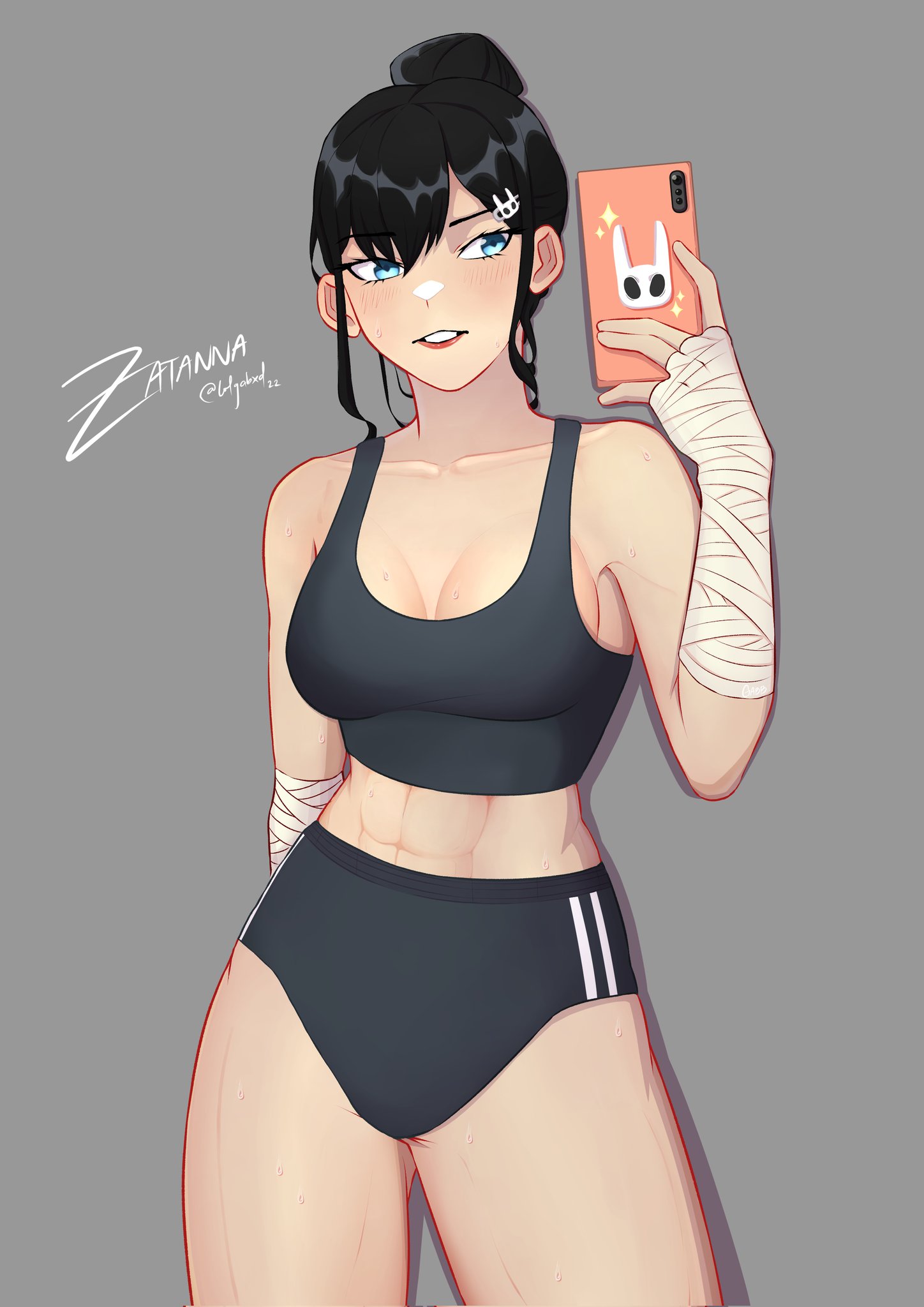 black hair, blue eyes, breasts, cellphone, character name, dc, dc comics, female, female only, hollow knight, light skin, light-skinned female, lolgabxd, phone, signature, solid eyes, sports bra, straight hair, sweat, text, thighs, zatanna, zatanna zatara