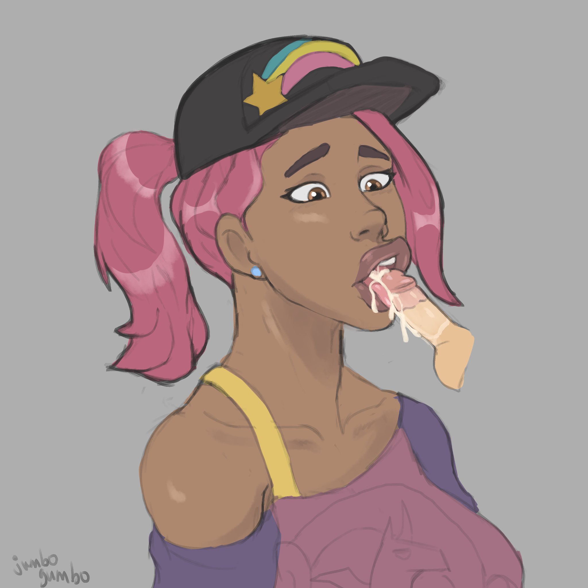 beach bomber, blowjob, cap, cum, cum in mouth, fellatio, female, fortnite, jumbogumbo, male, oral, penis, penis on tongue, pink hair, ponytail, rainbow, small penis, small penis adoration, unicorn