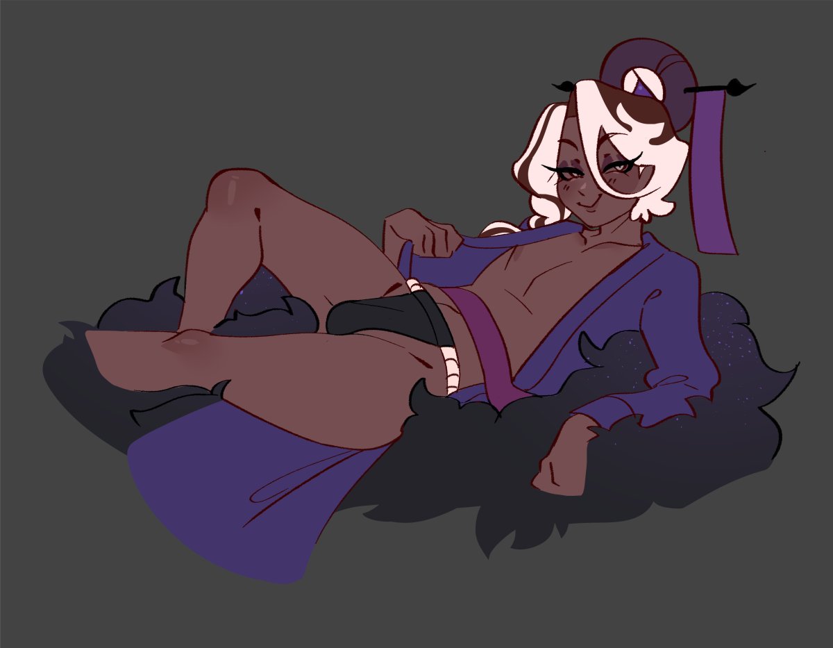 1boy, affogato cookie, blush, brown hair, bulge, clothing, cookie run, dark skin, dark-skinned femboy, dark-skinned male, eyelashes, eyeshadow, femboy, grey background, humanized, ilewdha, laying on back, lying, lying on back, male, male only, nipples, on back, open clothes, partially clothed, posing, presenting, robe, seductive, seductive smile, simple background, sissy, smile, smug, solo, thick thighs, two-tone hair, underwear, white hair