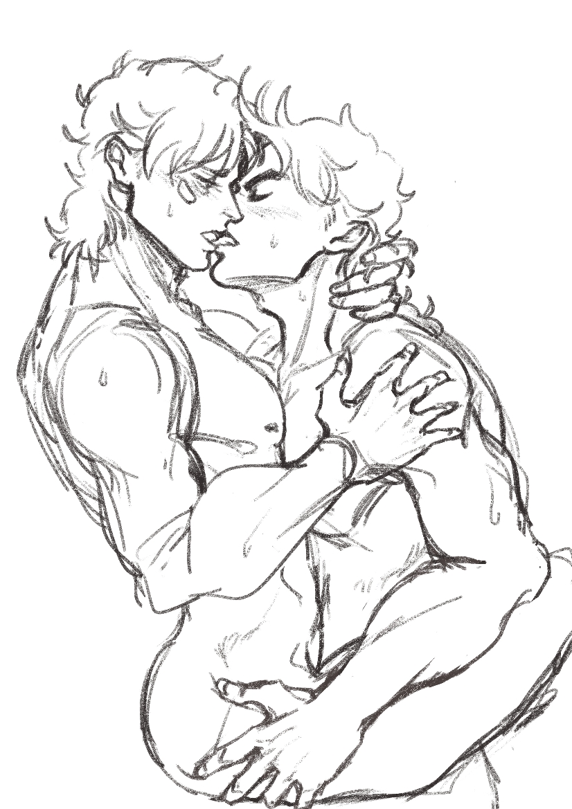 2boys battle_tendency caesar_zeppeli gay hand_around_neck hand_on_another's_shoulder jojo's_bizarre_adventure joseph_joestar kissing male male/male male_only muscular_male nude_male passionate shaw stand_and_carry_position standing_sex sweat uncolored yaoi