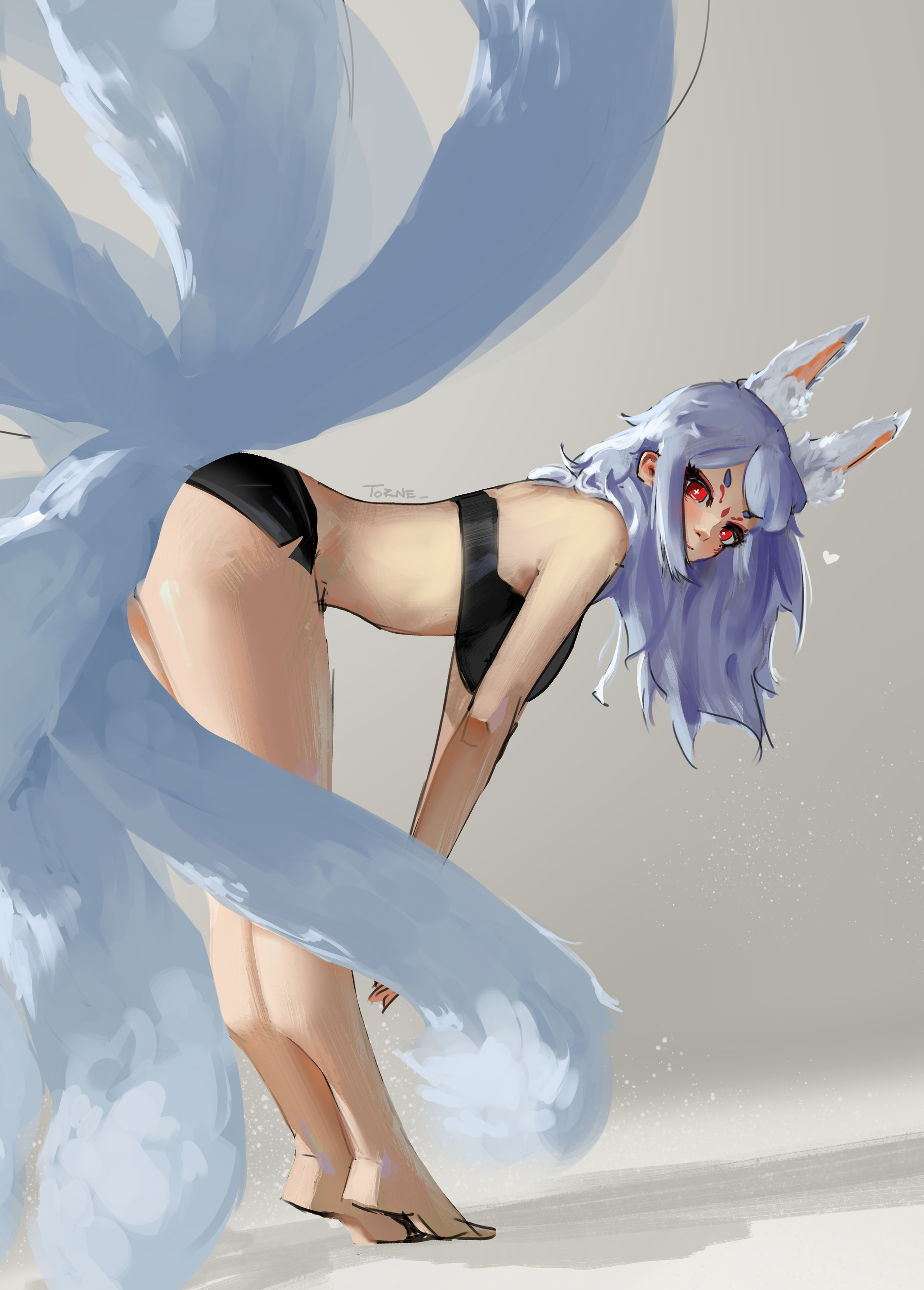 bending forward, bending over, big breasts, big thighs, bra, breasts, female, fox ears, fox tail, large breasts, legs, nijisanji, nijisanji en, nina kosaka, nine tailed fox, pinup, red eyes, virtual youtuber, white hair