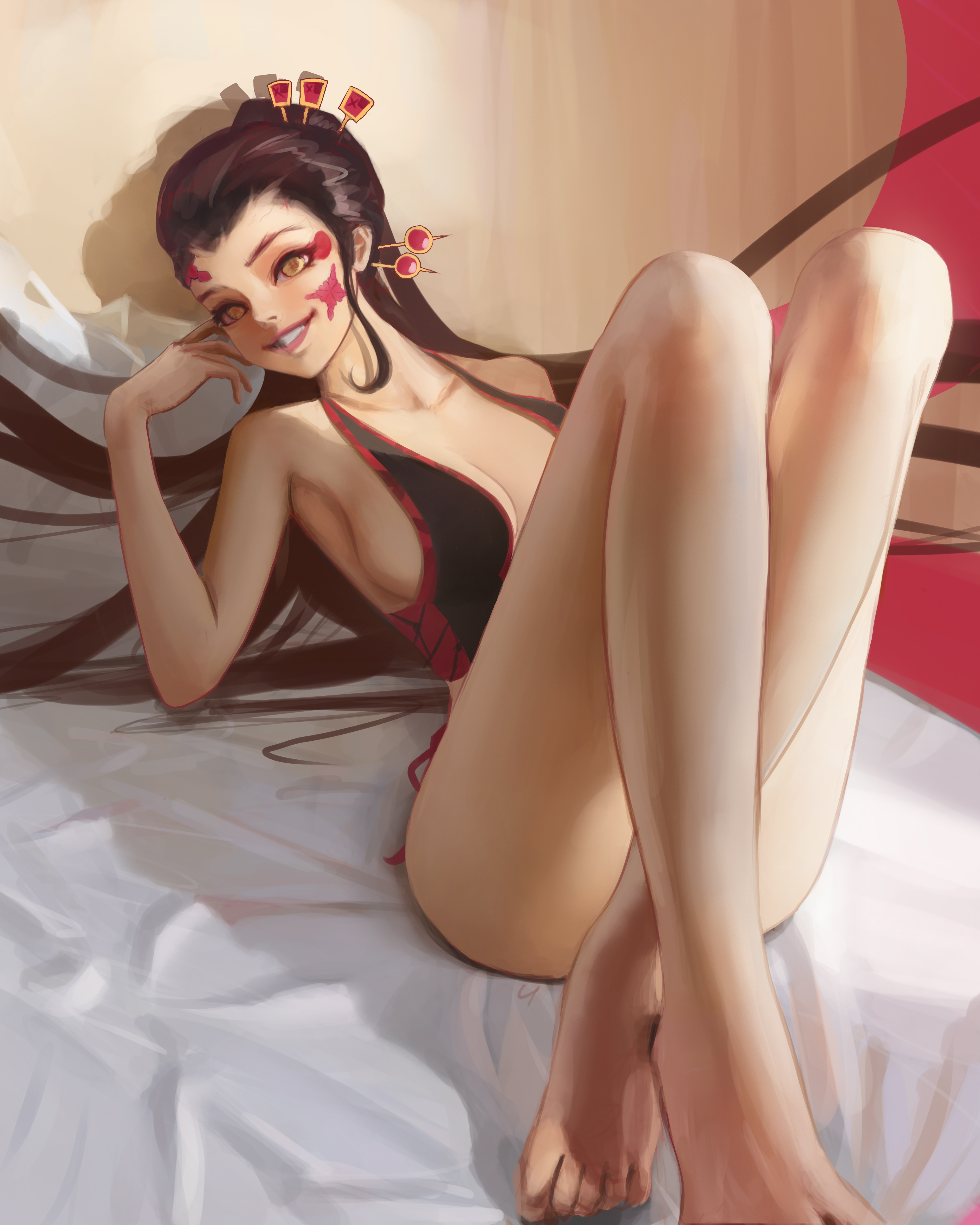 barefoot, black hair, breasts, brown hair, cleavage, daki (kimetsu no yaiba), dark hair, demon, demon girl, demon slayer, eyeshadow, facial markings, female, female only, grin, hair ornament, hi res, kimetsu no yaiba, lingerie, long hair, looking at viewer, mawaw, medium breasts, obi, painting (artwork), reclining, sideboob, sitting, smile, solo, yellow eyes
