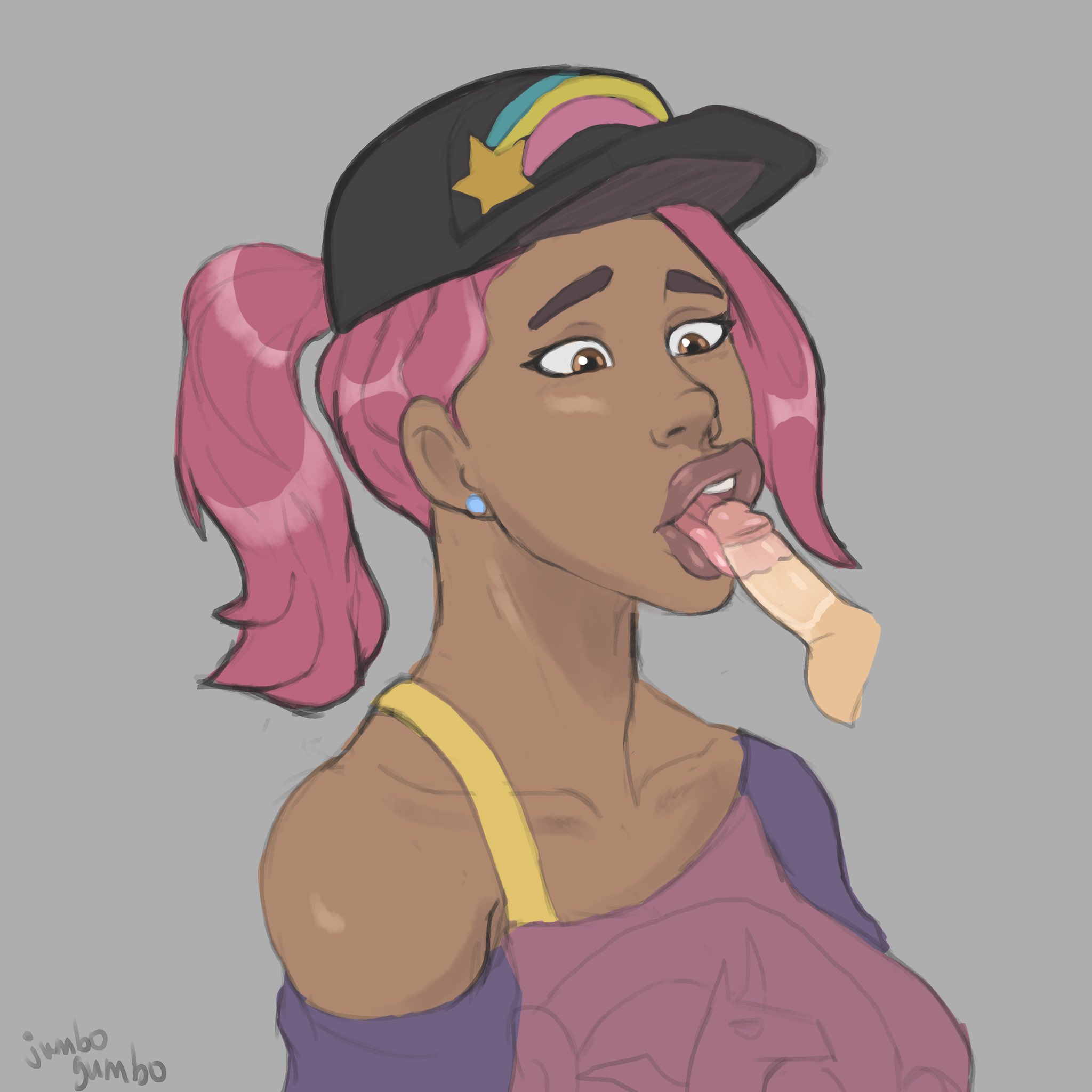 beach bomber, blowjob, cap, fellatio, female, fortnite, jumbogumbo, male, oral, penis, penis on tongue, pink hair, ponytail, rainbow, small penis, small penis adoration, unicorn