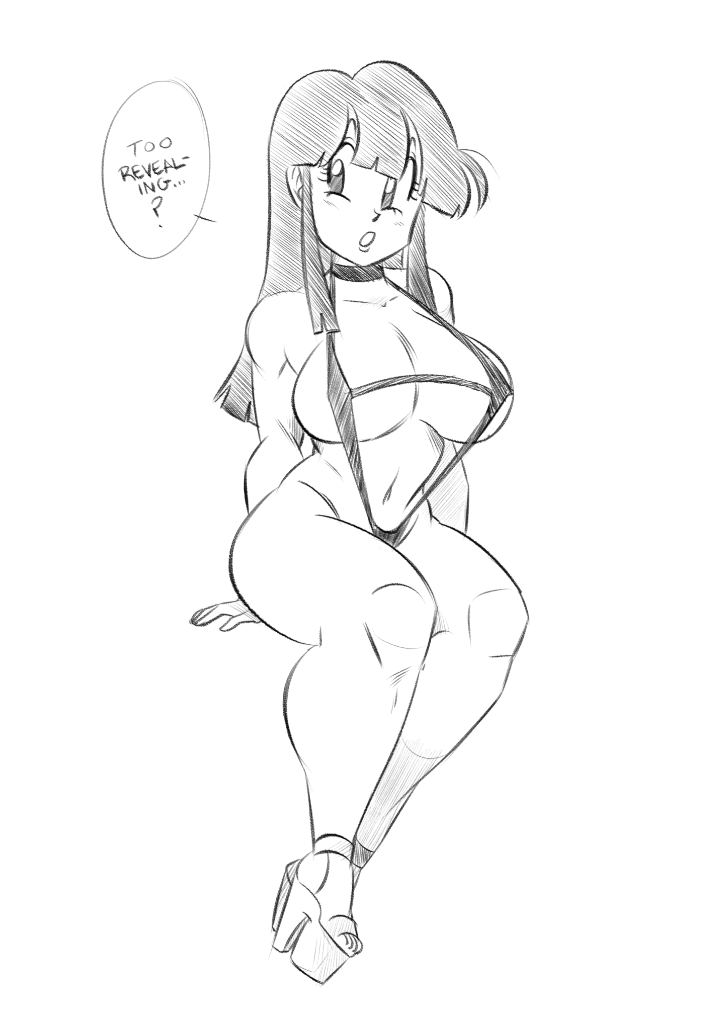 1girls, ass, bikini, black eyes, black hair, breasts, busty, chichi, choker, dragon ball, dragon ball super, dragon ball z, english text, female, female only, funsexydragonball, high heels, large ass, large breasts, long hair, looking to the side, open mouth, revealing clothes, revealing swimsuit, shounen jump, sitting, slim, slim waist, sling bikini, solo, solo female, thick thighs