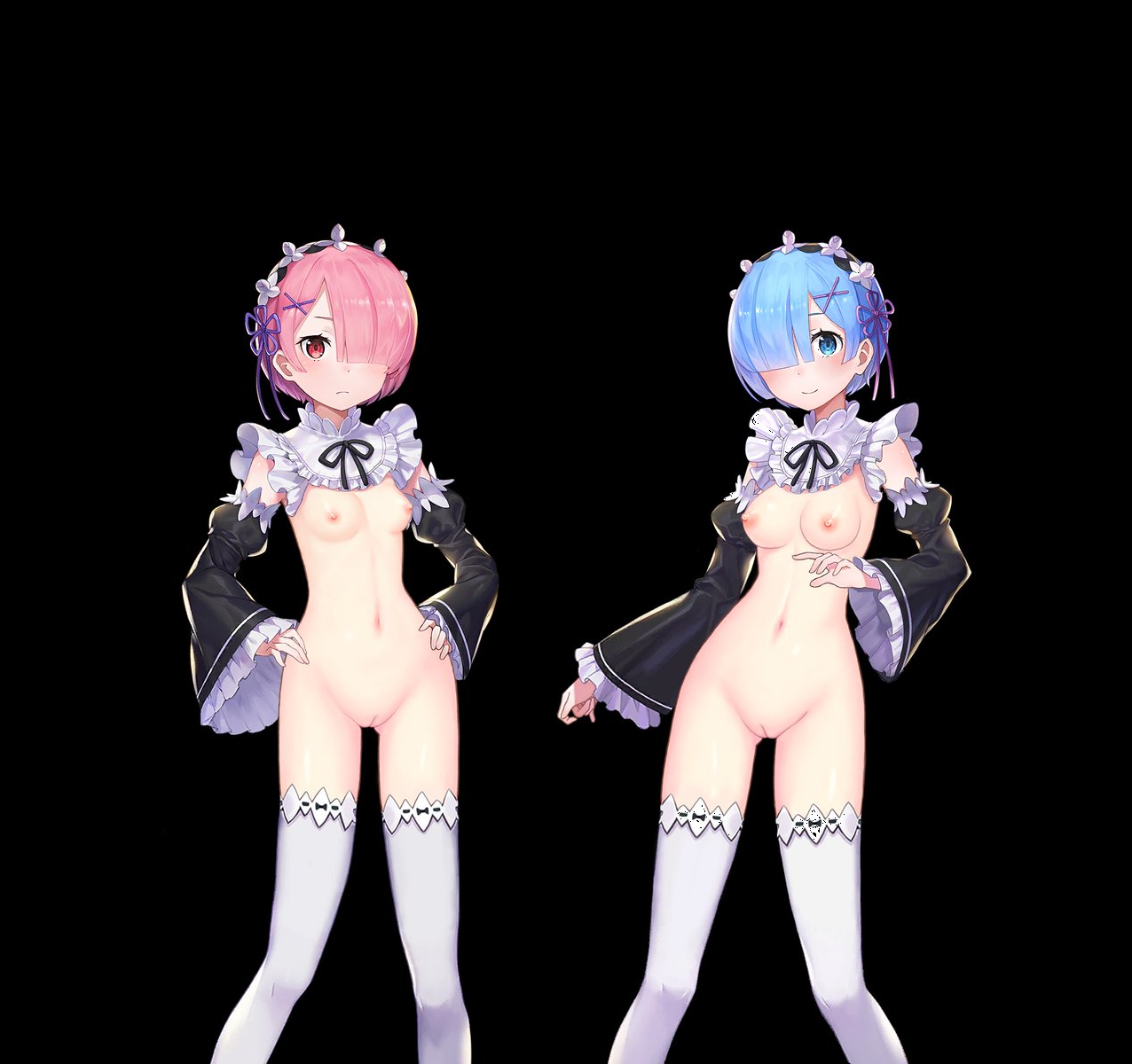 2girls, areolae, artist request, bangs, blue eyes, blue hair, blush, bottomless, breasts, clothed, clothing, feet out of frame, female, female only, front view, hair ornament, hair over one eye, human, light skin, light-skinned female, maid, maid headdress, matching hair/eyes, mostly nude, multiple females, multiple girls, neckwear, nipples, pink eyes, pink hair, pussy, ram (re:zero), re:zero kara hajimeru isekai seikatsu, rem (re:zero), short hair, simple background, small breasts, solo, source request, standing, x hair ornament
