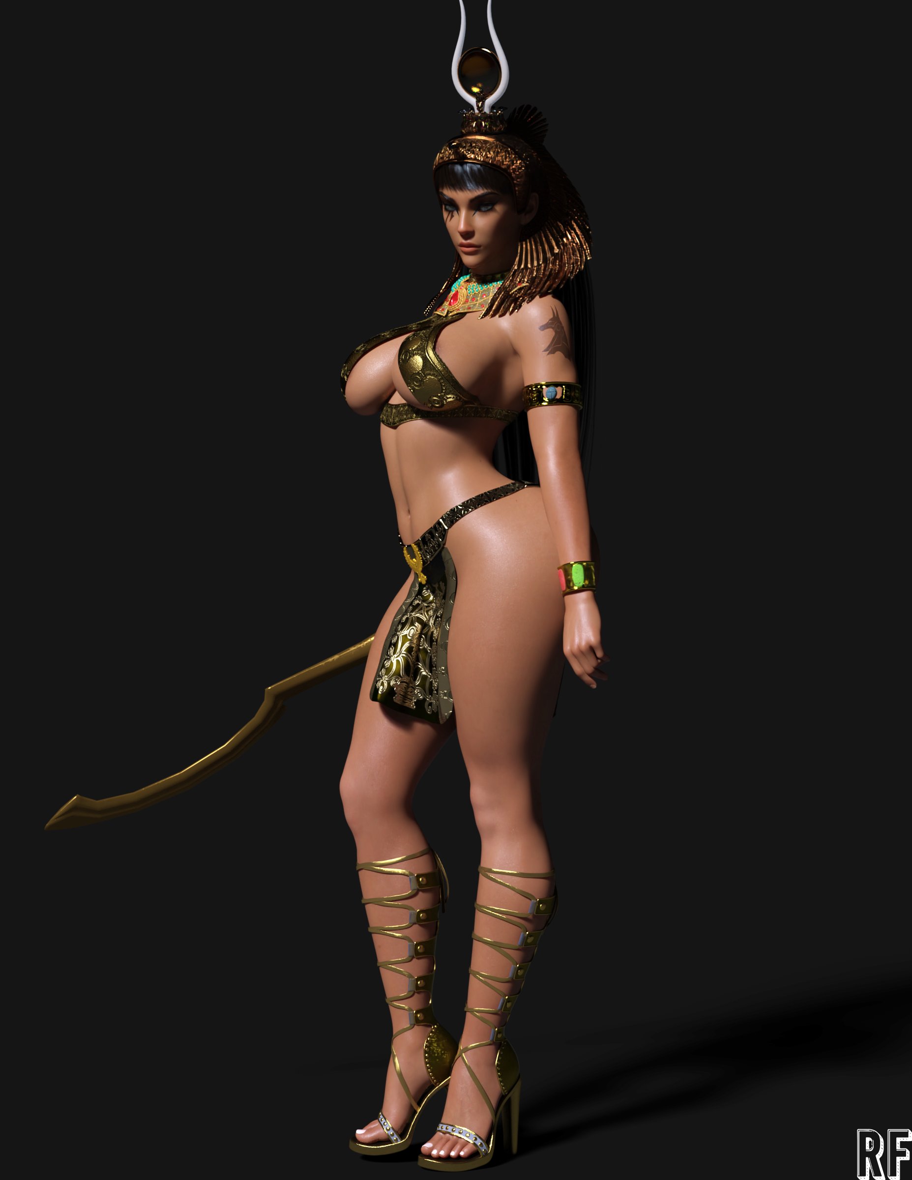1girls, 3d, big breasts, blizzard entertainment, breasts, dark skin, dark-skinned female, egyptian headdress, female, female only, high heels, huge breasts, loincloth, looking at viewer, overwatch, pelvic curtain, pharah, rude frog, solo, tattoo, thick thighs