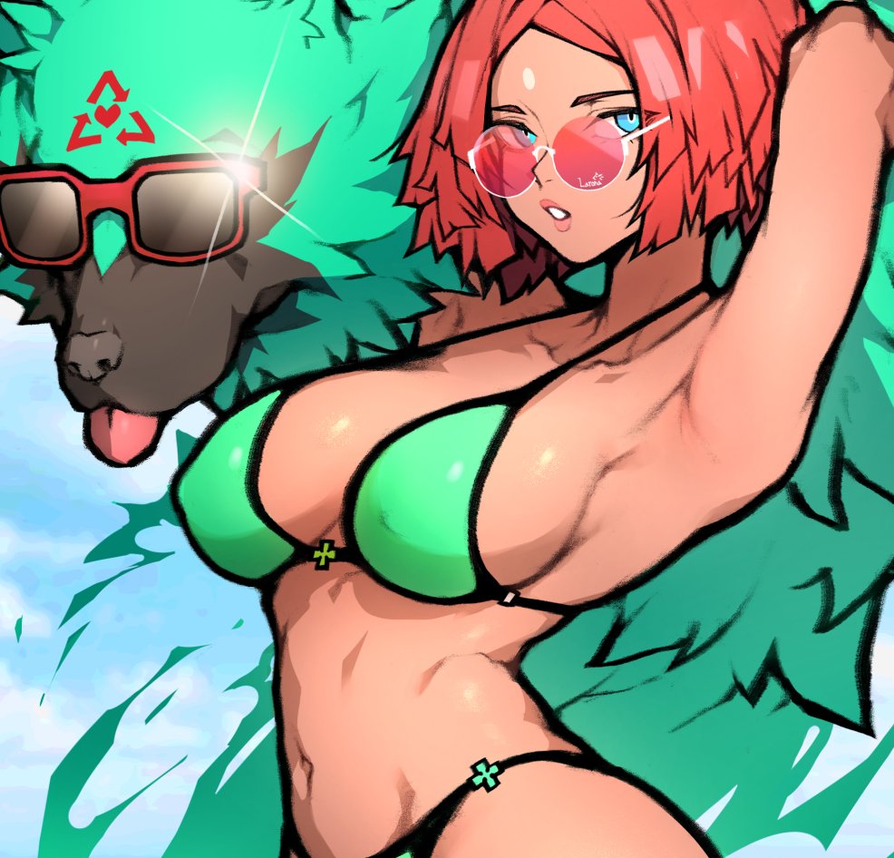 1girls babo big_breasts bikini brazilian brazilian_female brown_skin female ginseng_(artist) giovanna_(guilty_gear) glasses guilty_gear red_hair rei_(guilty_gear) short_hair showing_armpits tagme_(artist) tan tan_body tan_skin thick_thighs wolf