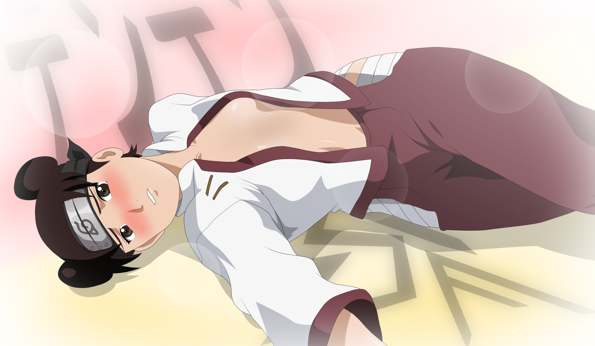 1girls, blush, blushing, blushing at viewer, breasts, brown eyes, brown hair, clothed female, double bun, embarrassed, female, female focus, female only, hair bun, highres, long hair, looking at viewer, lying down, lying on back, naruto, naruto (series), naruto shippuden, no bra, on back, open clothes, open shirt, pants, shy, solo, stiky finkaz, tenten, tied hair