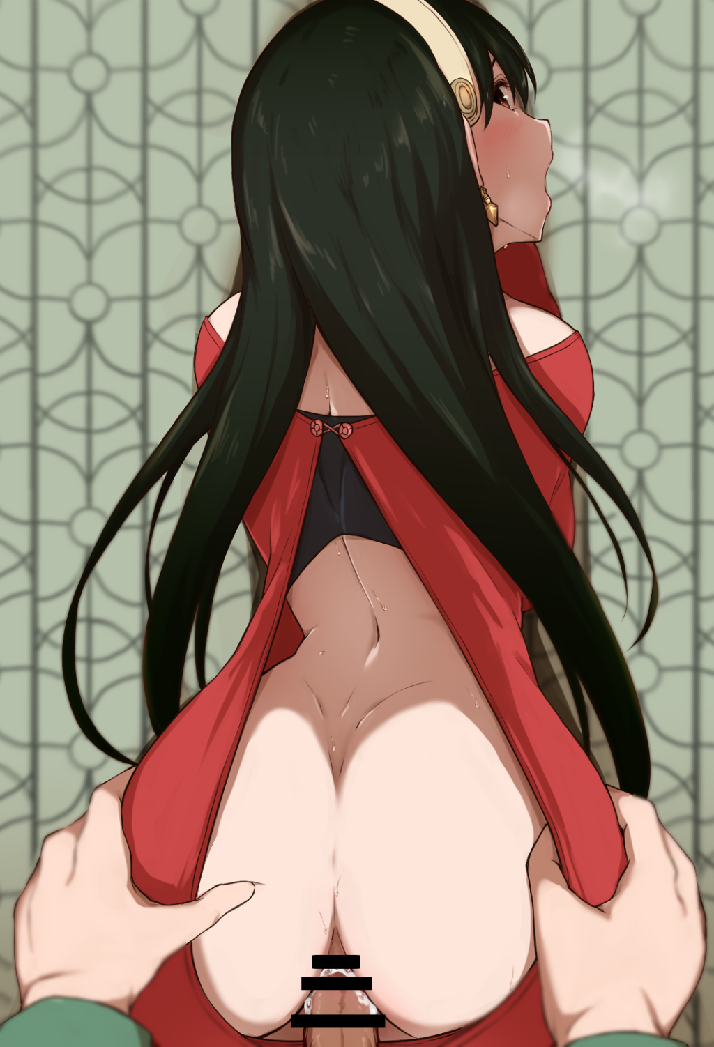 1boy 1girls ass back back_cutout bar_censor black_hair blush censored clothed_sex clothing_cutout creampie cum cum_inside doruka female from_behind grabbing hairband highres loid_forger long_hair looking_at_viewer looking_back pov pov_hands red_eyes red_sweater reverse_cowgirl_position sex sex_from_behind spy_x_family steamy_breath straight sweat sweater twilight_(spy_x_family) white_hairband yor_briar yor_forger