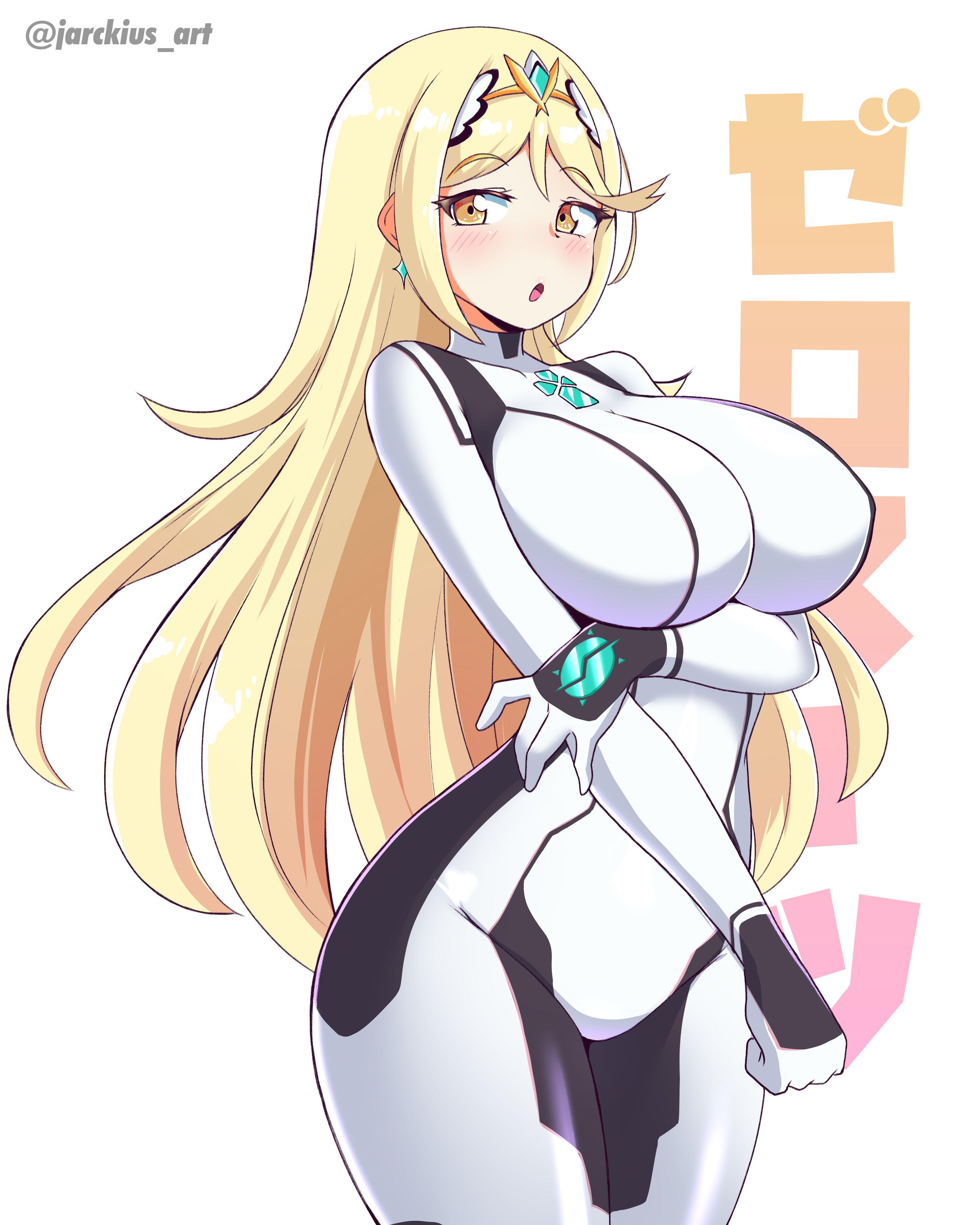 1girls, big breasts, blonde hair, blush, blushing, bodysuit, breasts, female, hi res, jarckius, long hair, looking at viewer, mythra, nintendo, skin tight, solo, tiara, xenoblade (series), xenoblade chronicles 2, zero suit samus (cosplay)
