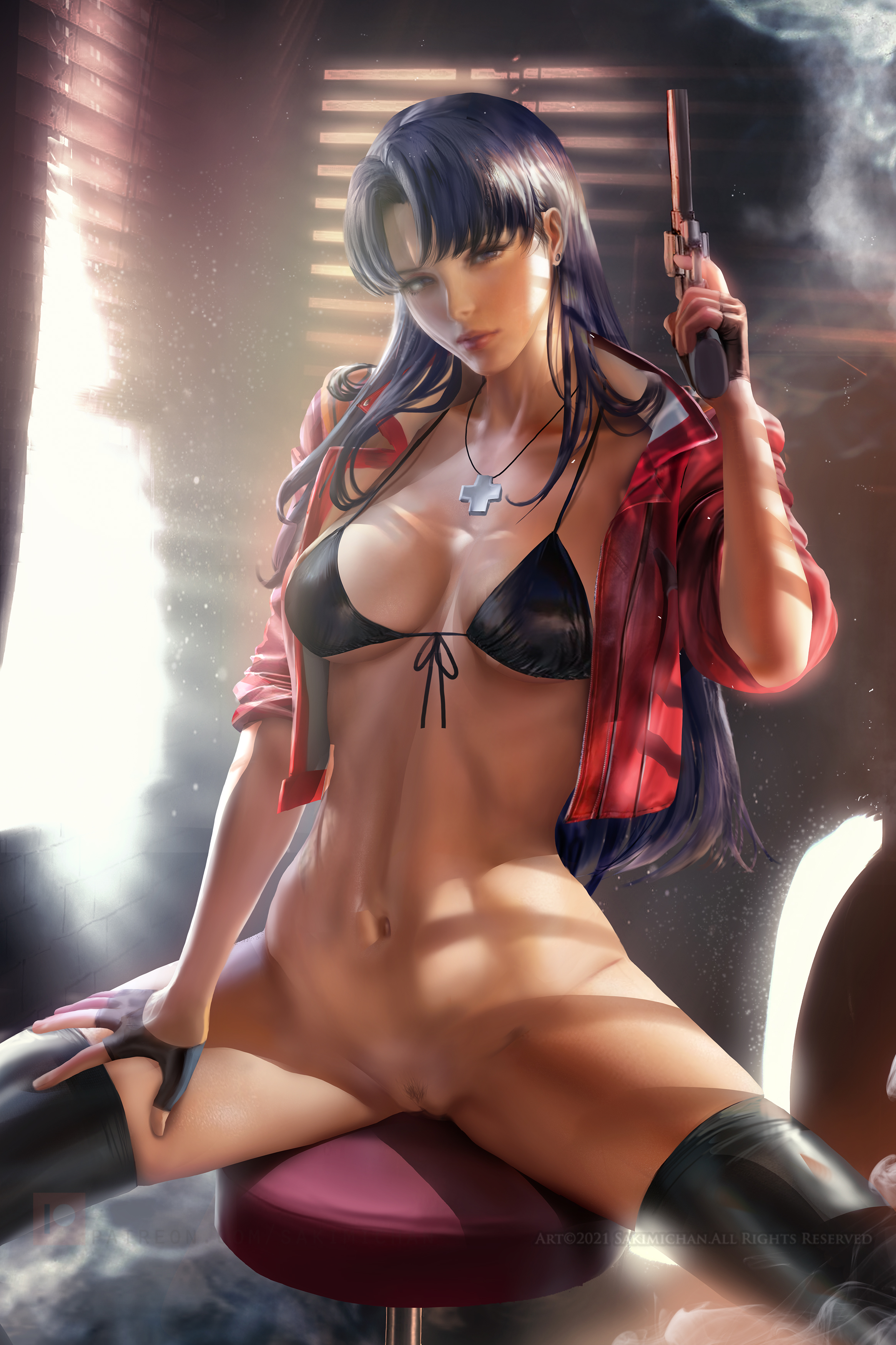 big breasts, bikini, black legwear, bottomless, breasts, brown eyes, clothing, female, fingerless gloves, firearm, gloves, gun, handgun, long hair, looking at viewer, misato katsuragi, neon genesis evangelion, pubic hair, purple hair, pussy, revolver, sakimichan, sitting, solo, spread legs, stockings, swimsuit, thighhighs, weapon