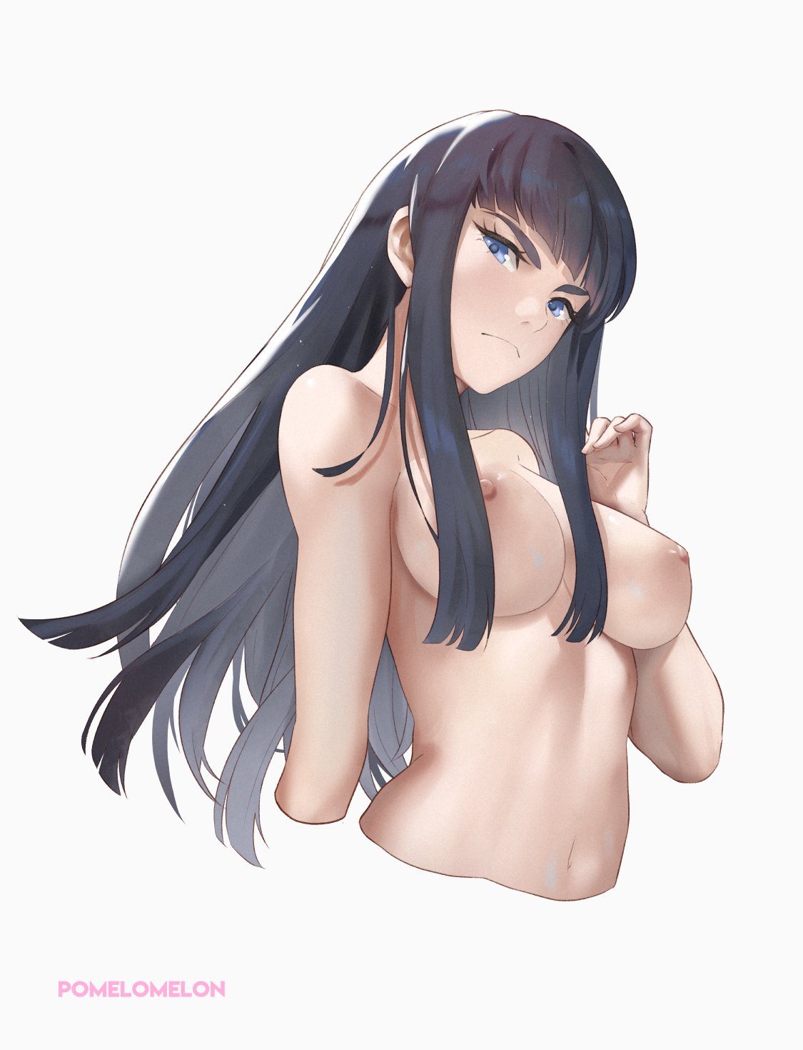 1girls, black hair, black-haired female, blue eyes, breasts, completely nude, female, female only, frown, kill la kill, kiryuuin satsuki, long hair, looking at viewer, medium breasts, nipples, nude, nude female, pomelomelon, sapsavana, solo