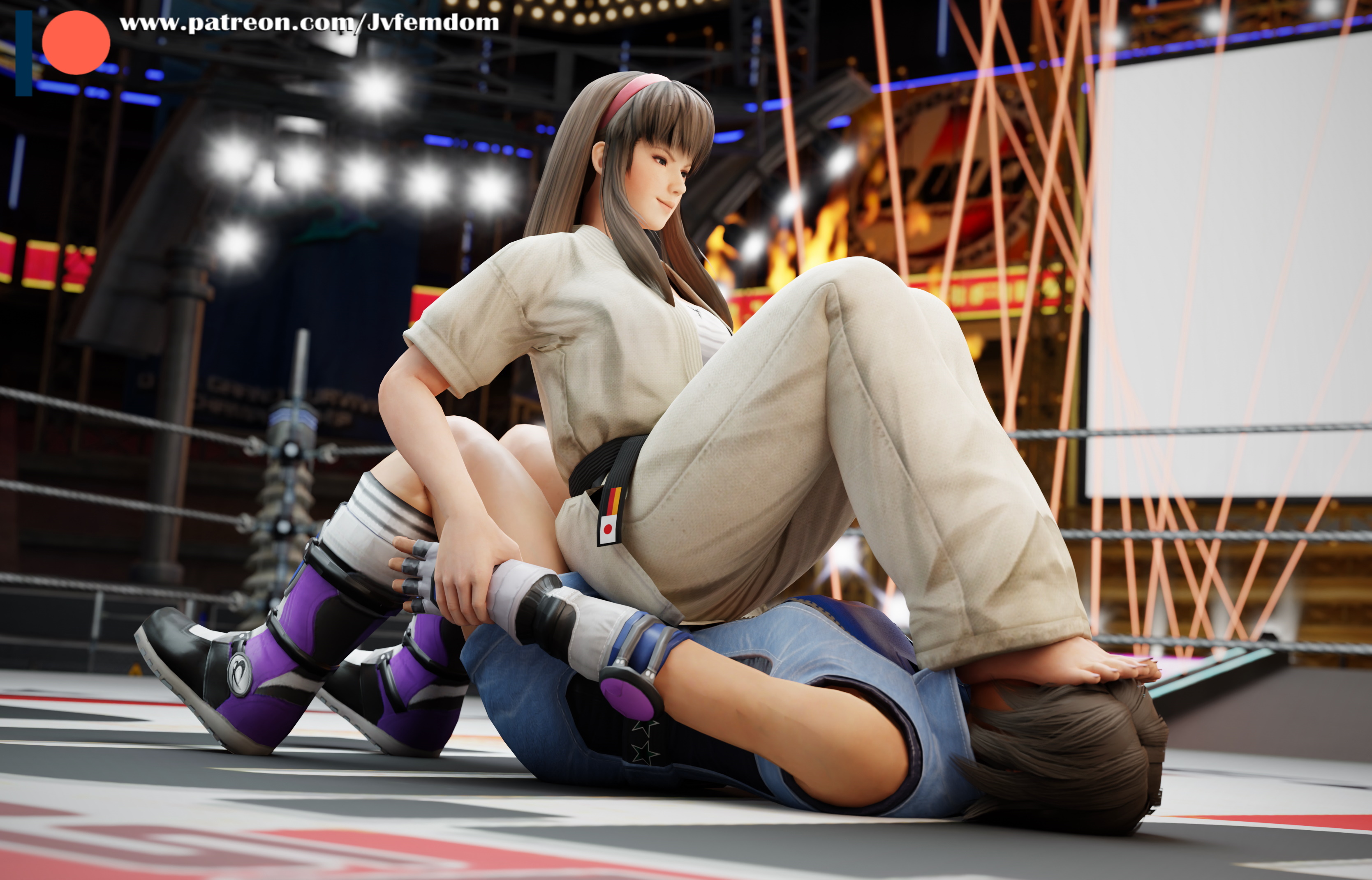 2girls, 3d, 3d (artwork), absurd res, arena, asphyxiation, beaten, blender, blue eyes, boot fetish, boots, brown hair, catfight, dead or alive, dead or alive 5, dominant, dominant female, domination, dominatrix, embarrassed, face in ass, feet, feet on face, feet together, female, female domination, female only, femdom, fight, fighting ring, fingerless gloves, foot on face, foot on head, grabbing, grabbing wrists, helpless, highres, hitomi (doa), holding wrists, jvfemdom, kazama asuka, legs, lezdom, long hair, loose hair, multiple females, multiple girls, sadism, short hair, sitting, sitting down, sitting on person, smelling feet, smirk, smothering, tekken, tekken 7, thick thighs, thighs, wrestling, wrestlingryona, yuri
