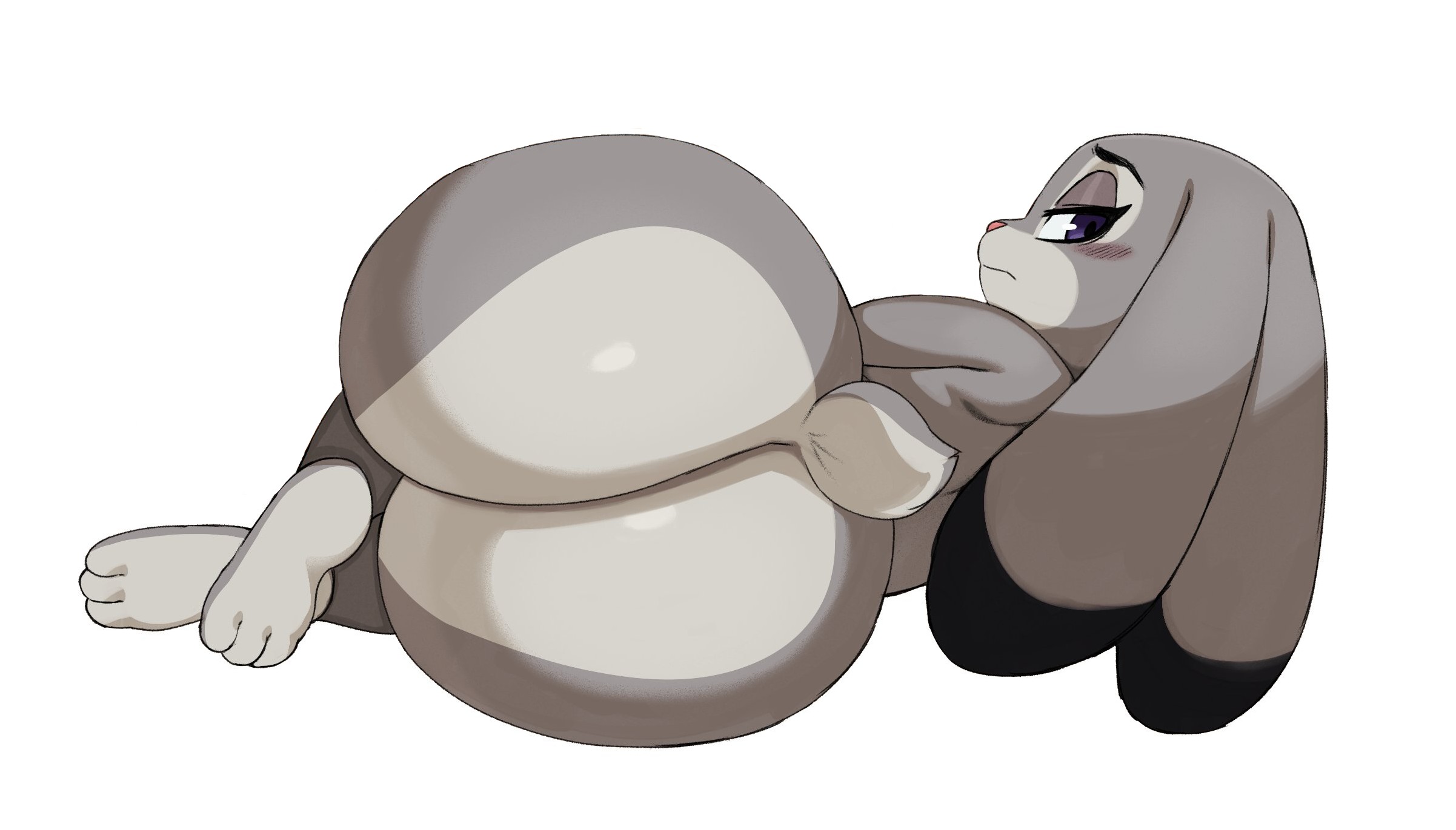 1girls, 2022, 3 toes, anthro, ass, ass crack, ass focus, big ass, big butt, black body, black fur, blush, bottom heavy, bubble ass, bubble butt, butt crack, butt focus, cute, cute face, dat ass, dipstick ears, disney, eyelashes, fat ass, fat butt, feet, female, female only, fur, grey body, grey fur, half-closed eyes, hi res, huge ass, huge butt, judy hopps, lagomorph, large ass, large butt, leporid, long ears, looking at viewer, looking back, looking back at viewer, lying, mammal, multicolored body, multicolored ears, narrowed eyes, nude, on side, purple eyes, rabbit, rear view, scut tail, short tail, simple background, solo, solo female, solo focus, sssonic2, thick ass, thick thighs, toes, two-tone body, white background, wide hips, zootopia