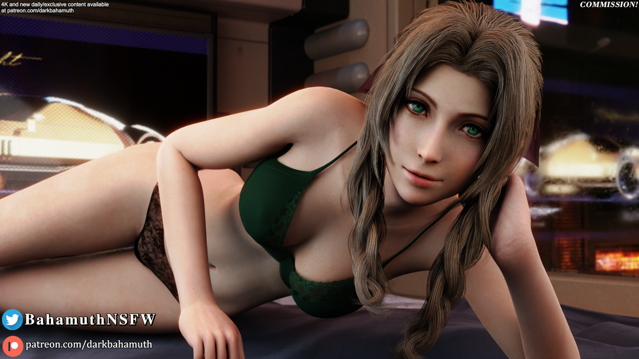 3d, aerith gainsborough, bra, breasts, darkbahamuth, female, final fantasy, final fantasy vii, final fantasy vii remake, laying down, laying on bed, lingerie, lingerie only, panties, petite, pinup, small breasts