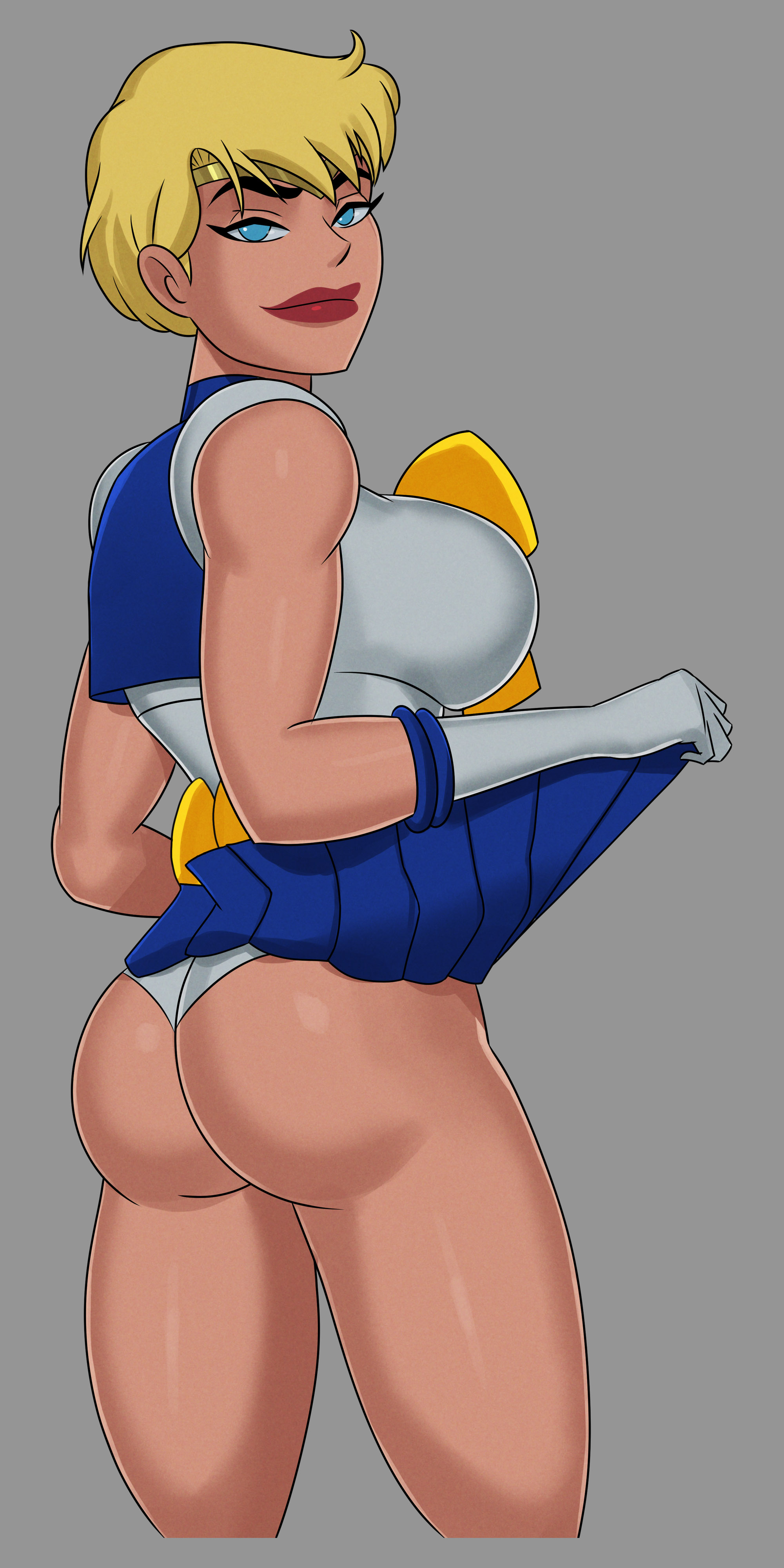 1girls, bishoujo senshi sailor moon, blonde hair, blue eyes, blue skirt, breasts, clothed, clothing, cosplay, crossover, dc, dc comics, dcau, elbow gloves, female, female focus, female only, galatea, justice league unlimited, lipstick, makeup, posing, revealing clothes, sailor uranus (cosplay), simple background, skirt, skirt lift, small breasts, smiling, smiling at viewer, smug, solo, solo female, solo focus, something unlimited, sunsetriders7, superman (series), white gloves