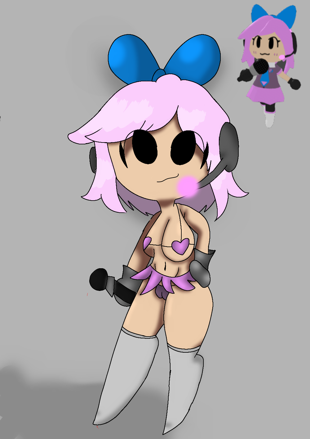 2022 artist_request bikini black_eyes black_gloves blue_bow boots bow_in_hair colored gloves happy medium_breasts microphone mirai_(tower_heroes) pink_hair roblox roblox_game short_hair small_skirt thick thick_ass thick_thighs tower_heroes