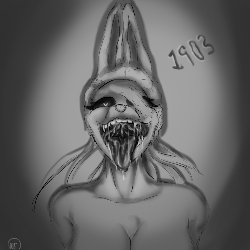 big_breasts female female_focus female_only looking_at_viewer monochrome monster monster_girl nofapplease only_female open_mouth rabbit_ears scp scp-1903 scp_foundation tongue tongue_out