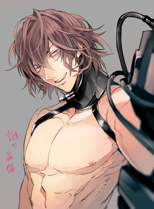 bare_chest brown_hair gantz gantz_suit gun harness kazuo_kuwabara looking_at_viewer male male_only messy_hair smile solo tatsuya_c upper_body weapon