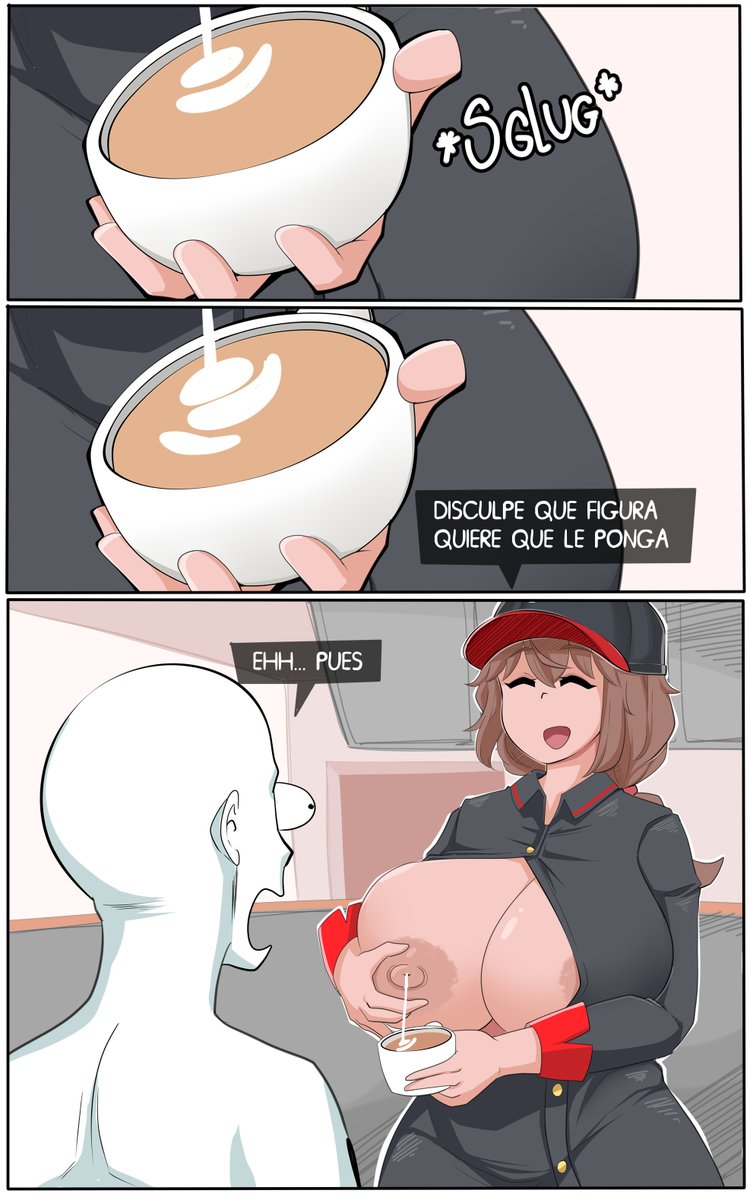 1boy 1girls ass big_ass big_breasts big_butt big_nipples black_cap black_clothes black_clothing black_pants black_shirt boy breasts brown_hair brown_skin cafe cap closed_eyes clothed clothing coffee comedy comicomryu delicia_(comicomryu) exposed_breasts exposed_nipples female funny happy happy_female high_resolution humor iced_latte_with_breast_milk lactating_in_coffee lactation_on light-skinned_female male male/female mature mature_female milf milk milking nipples open_mouth pale-skinned_female pale_skin public public_nudity ryumxr spanish spanish_dialogue spanish_text suprised_eyes text tongue tongue_out translation_request twitter uniform very_high_resolution